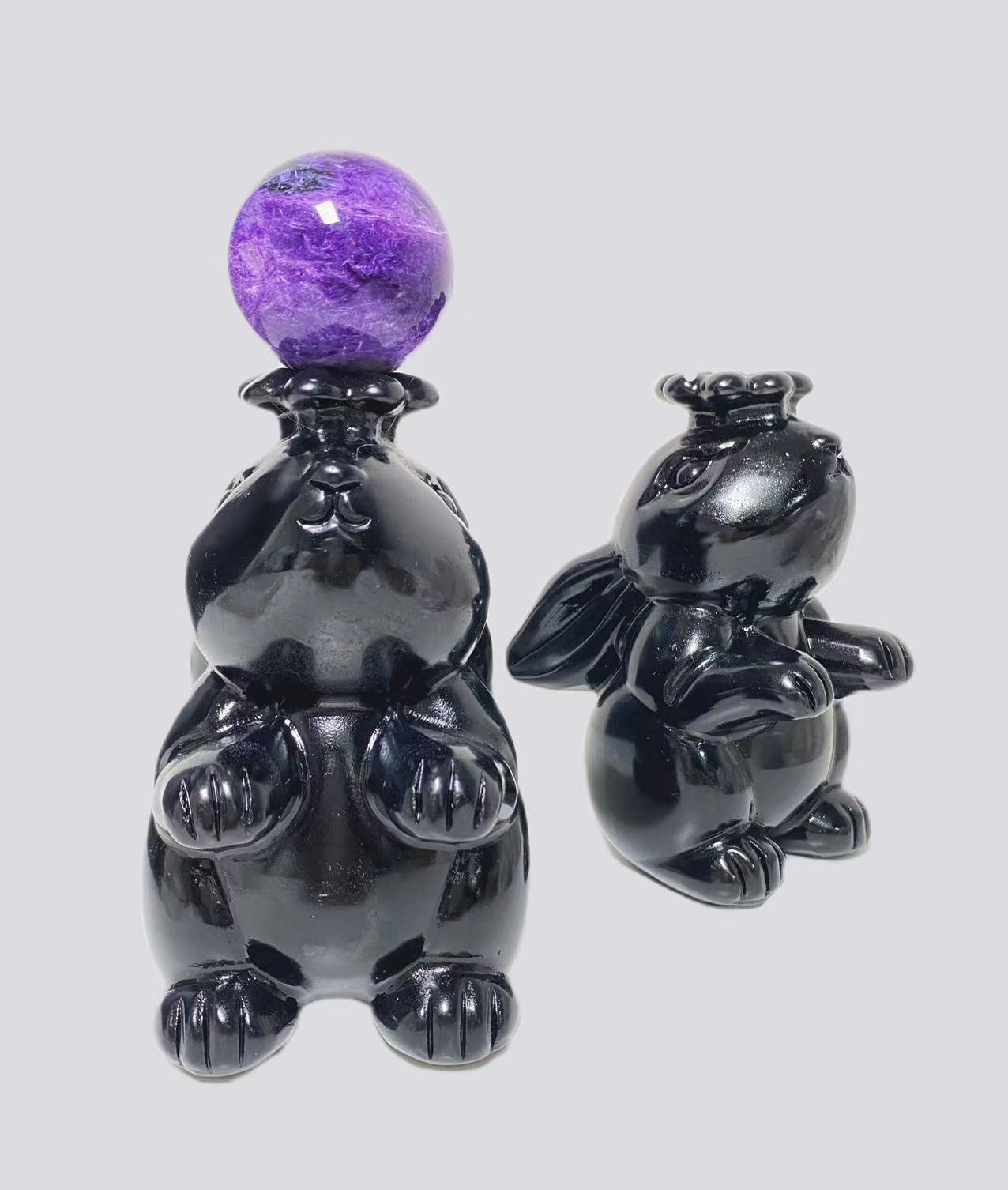 Black obsidian bunny sphere stand big carvings