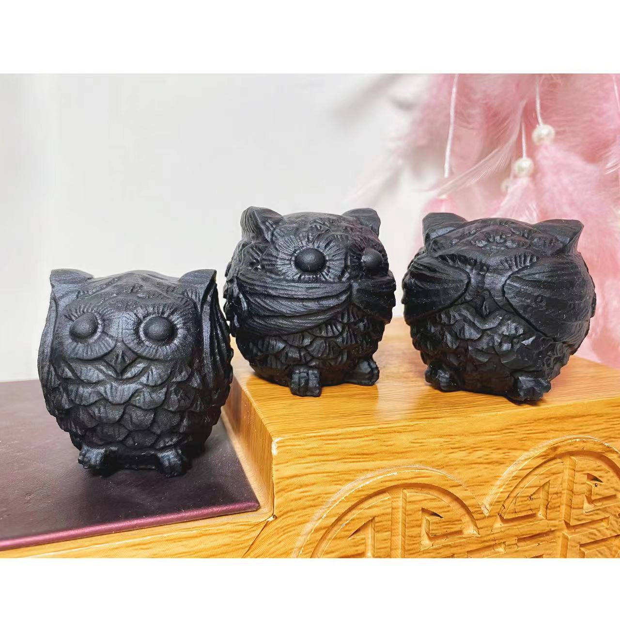 Black Obsidian Carving Three NO Owls