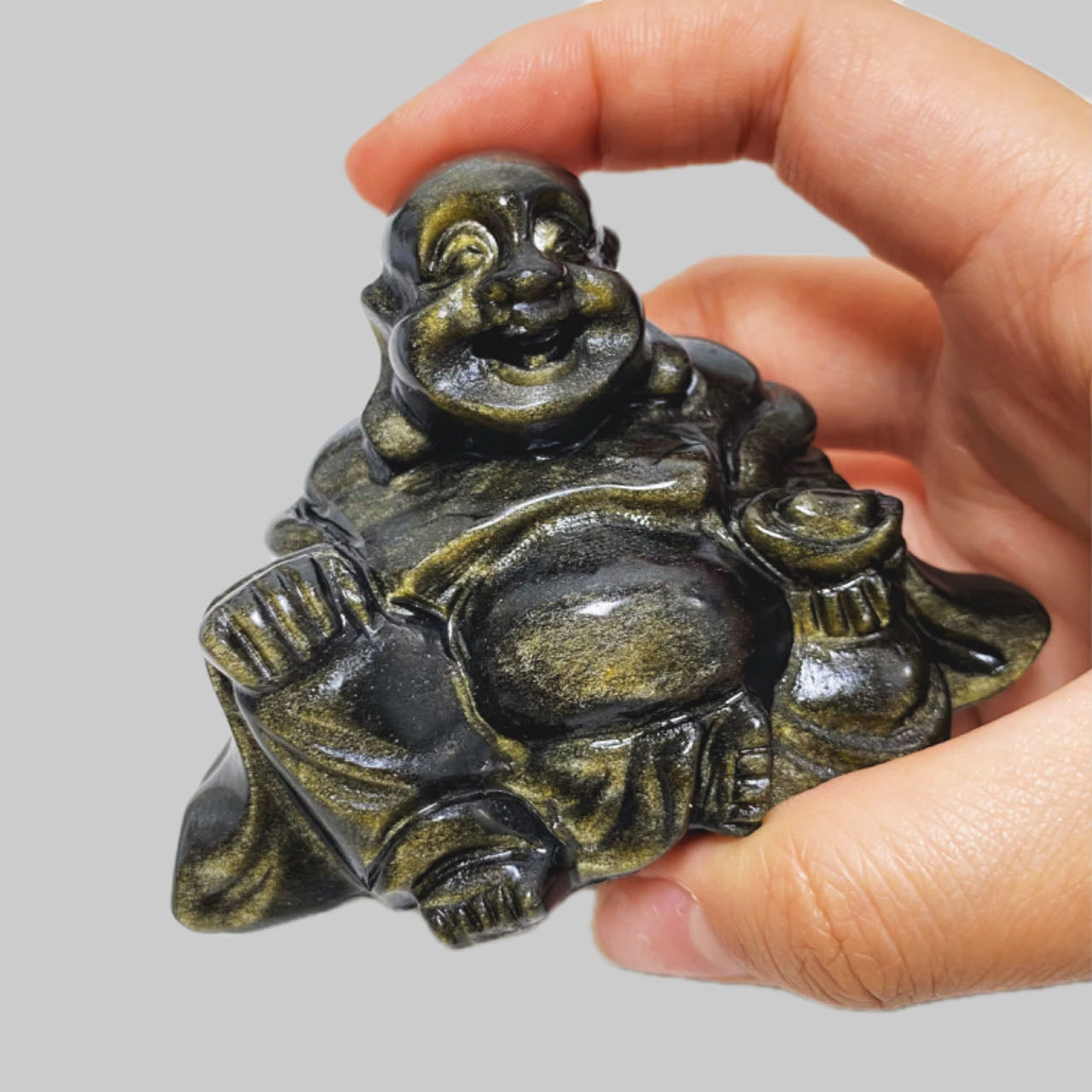 Crystal Golden Sheen Obsidian Smiling Buddha Carving