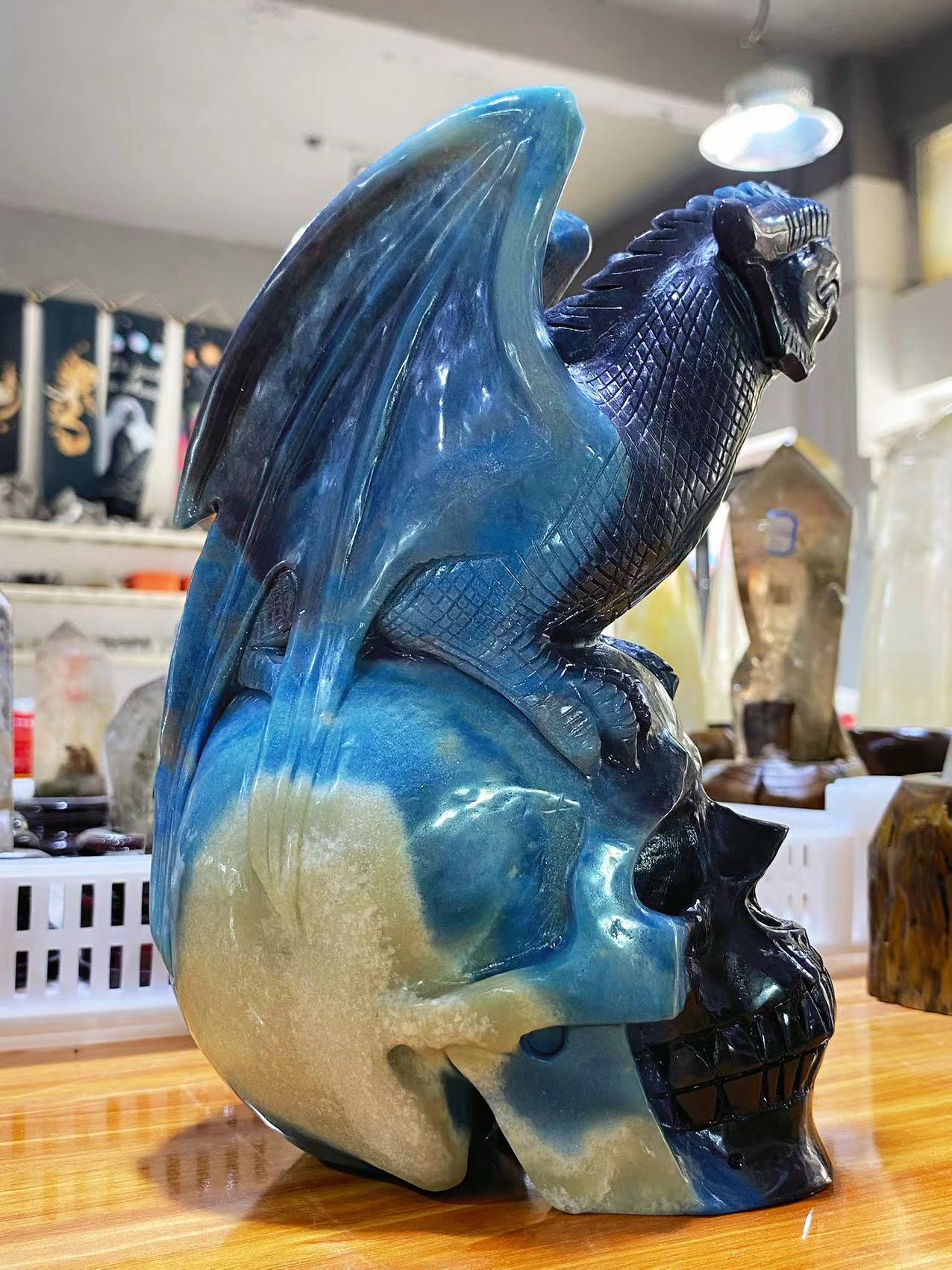 Trolleite skull with flying dragon carving#3071