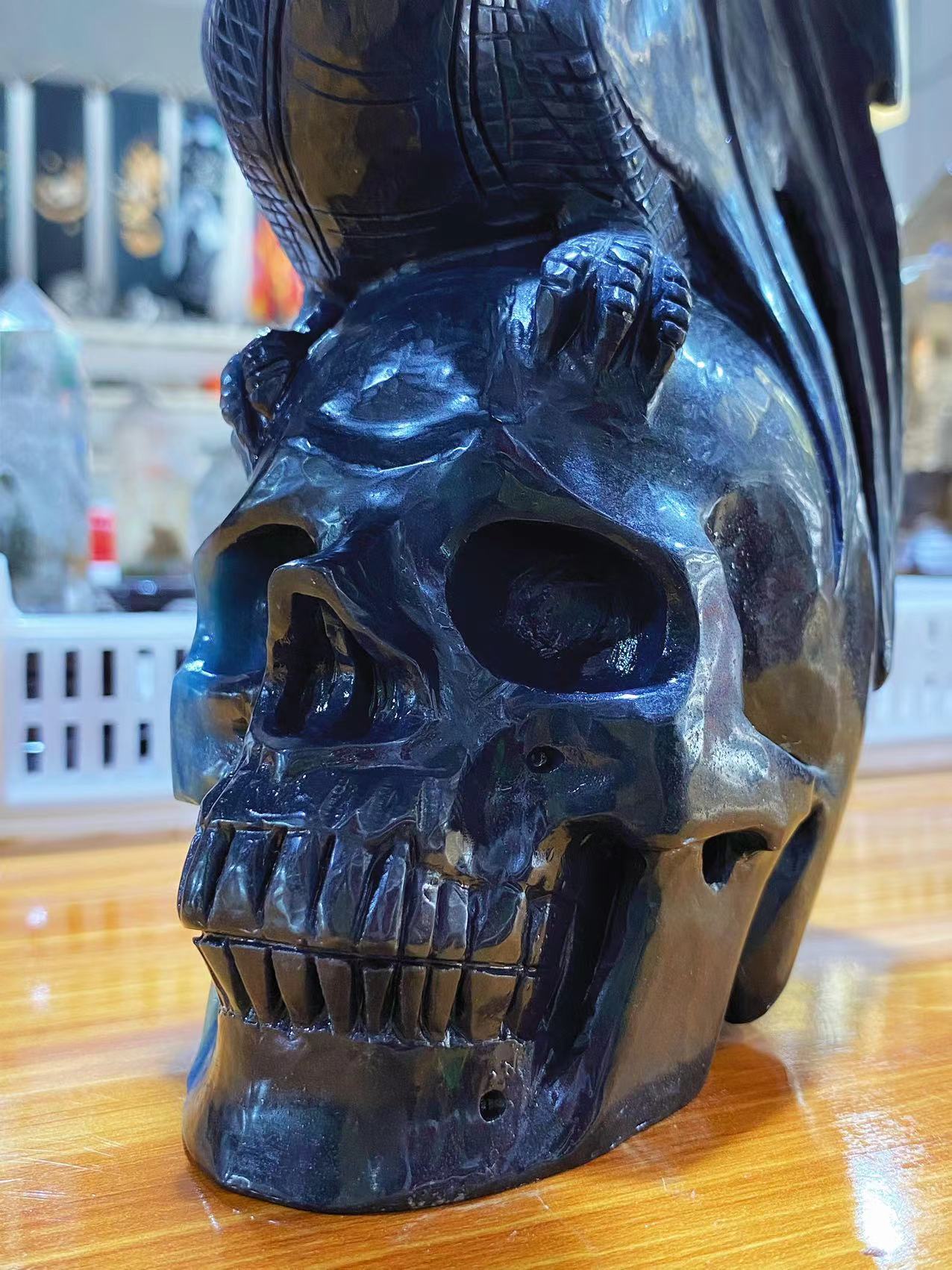 Trolleite skull with flying dragon carving#3071