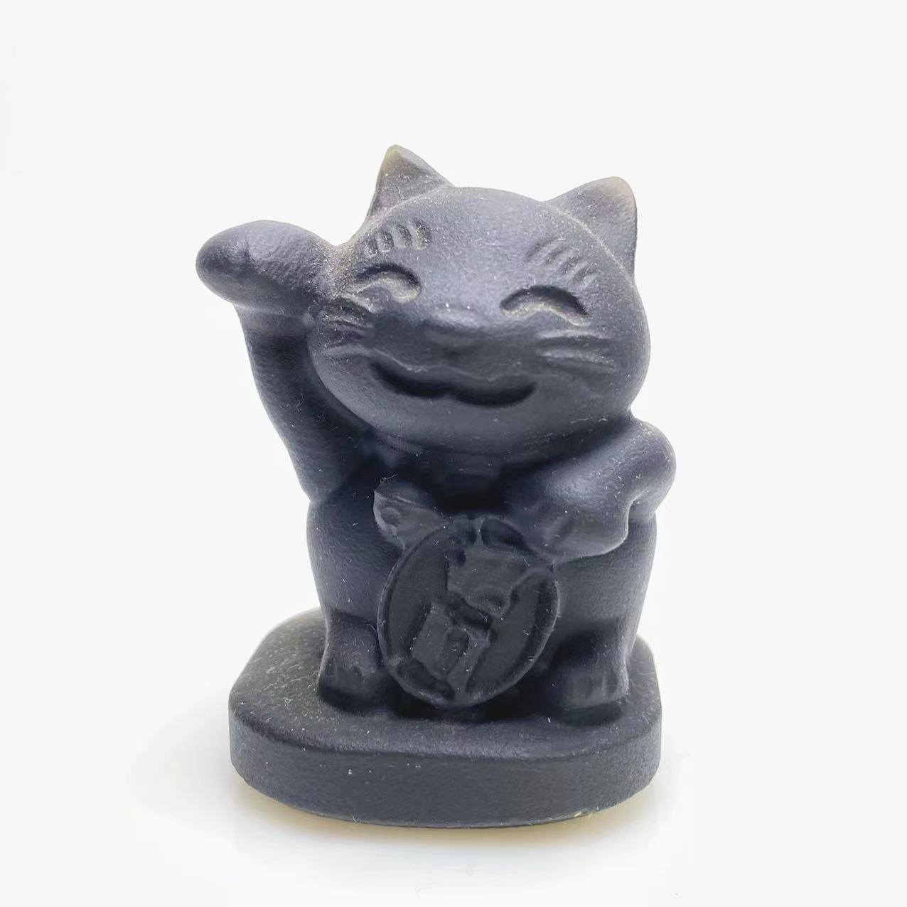 Black obsidian lucky cat carving