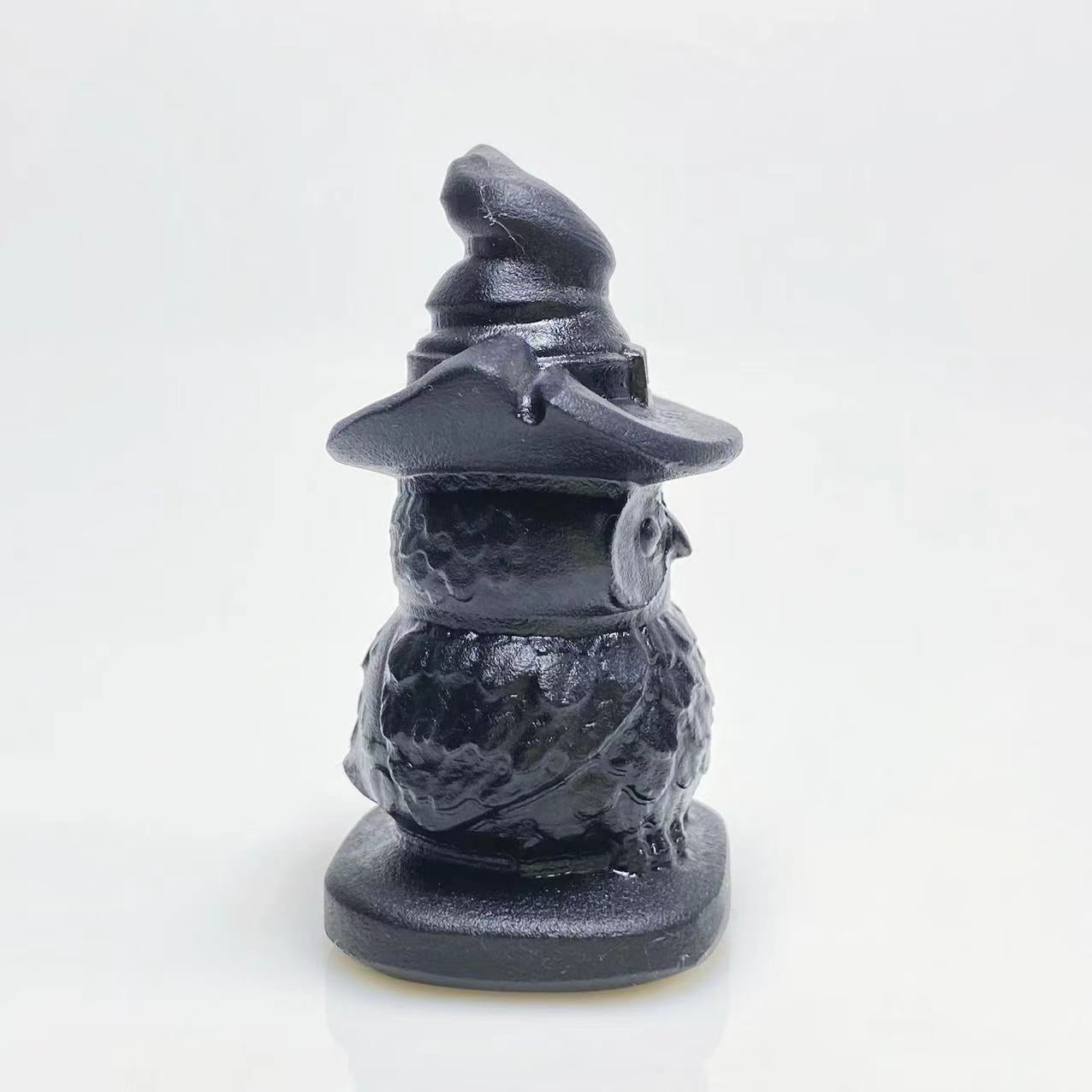Black obsidian witch hat owl carving