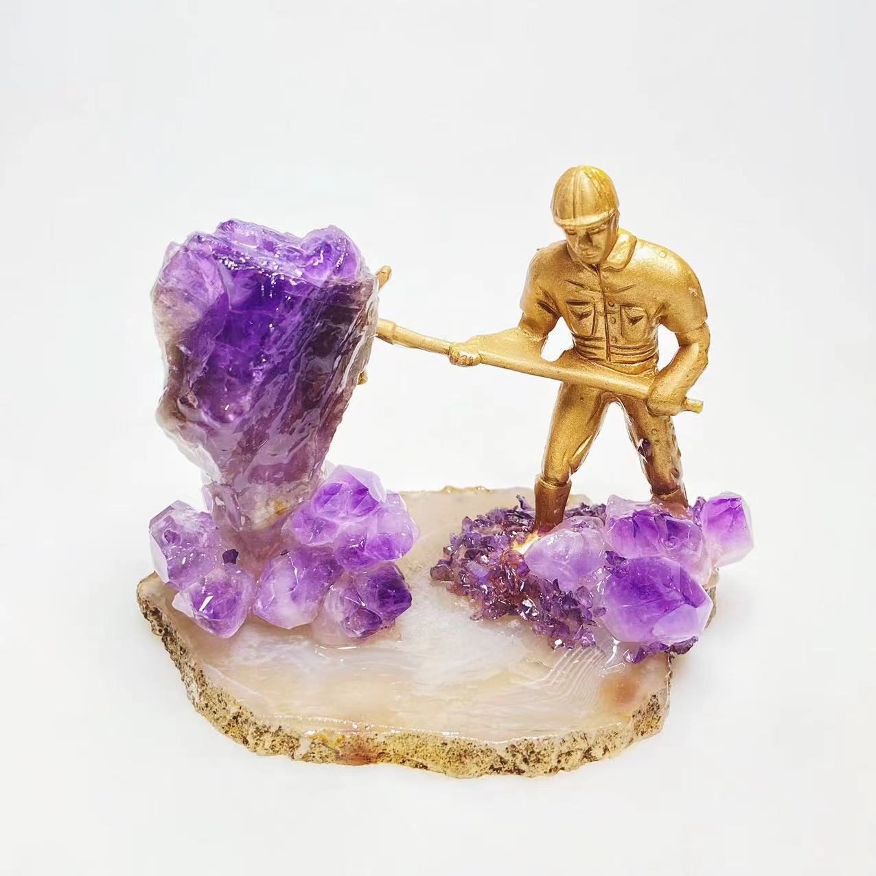 Miner with amethyst clusters freeform