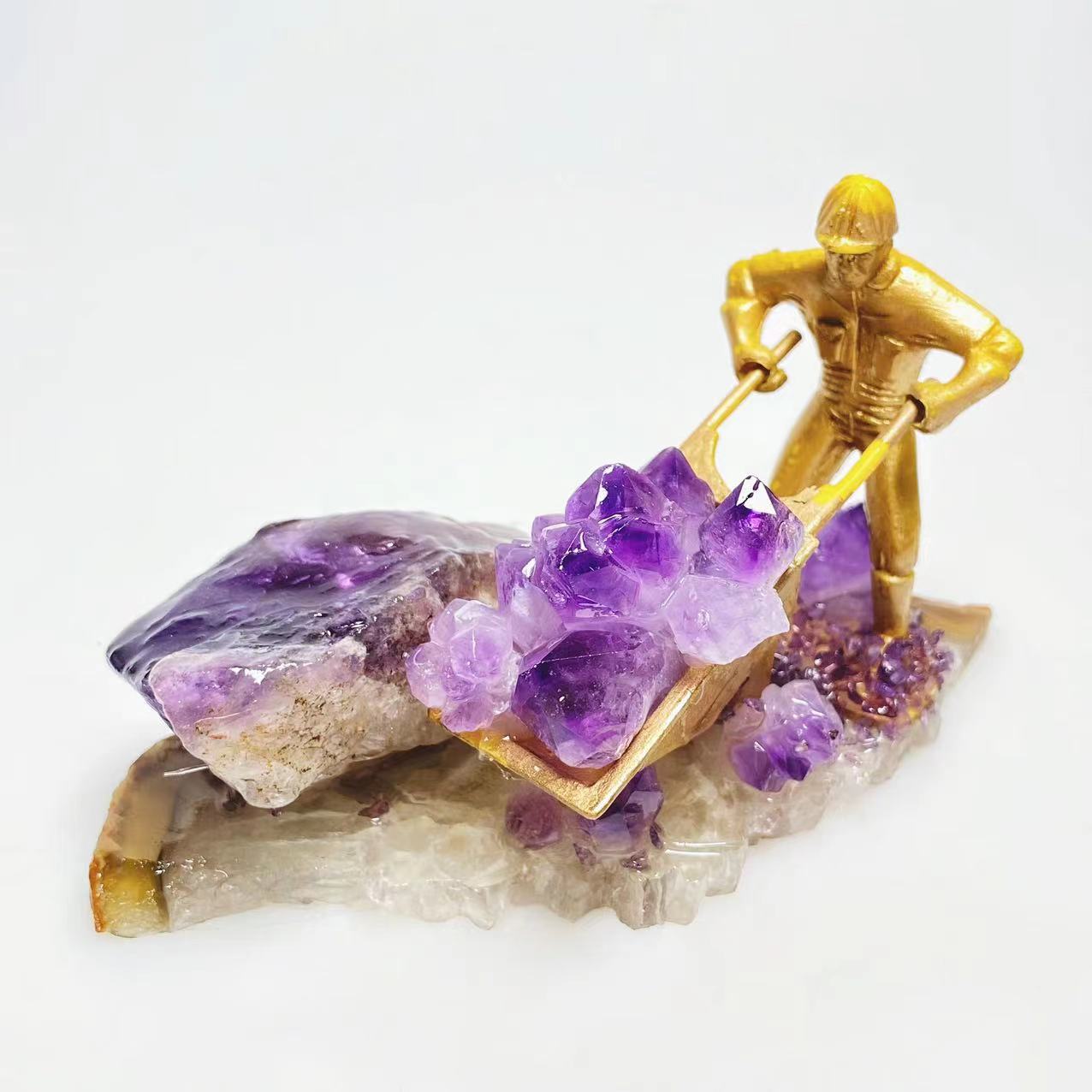 Miner with amethyst clusters freeform