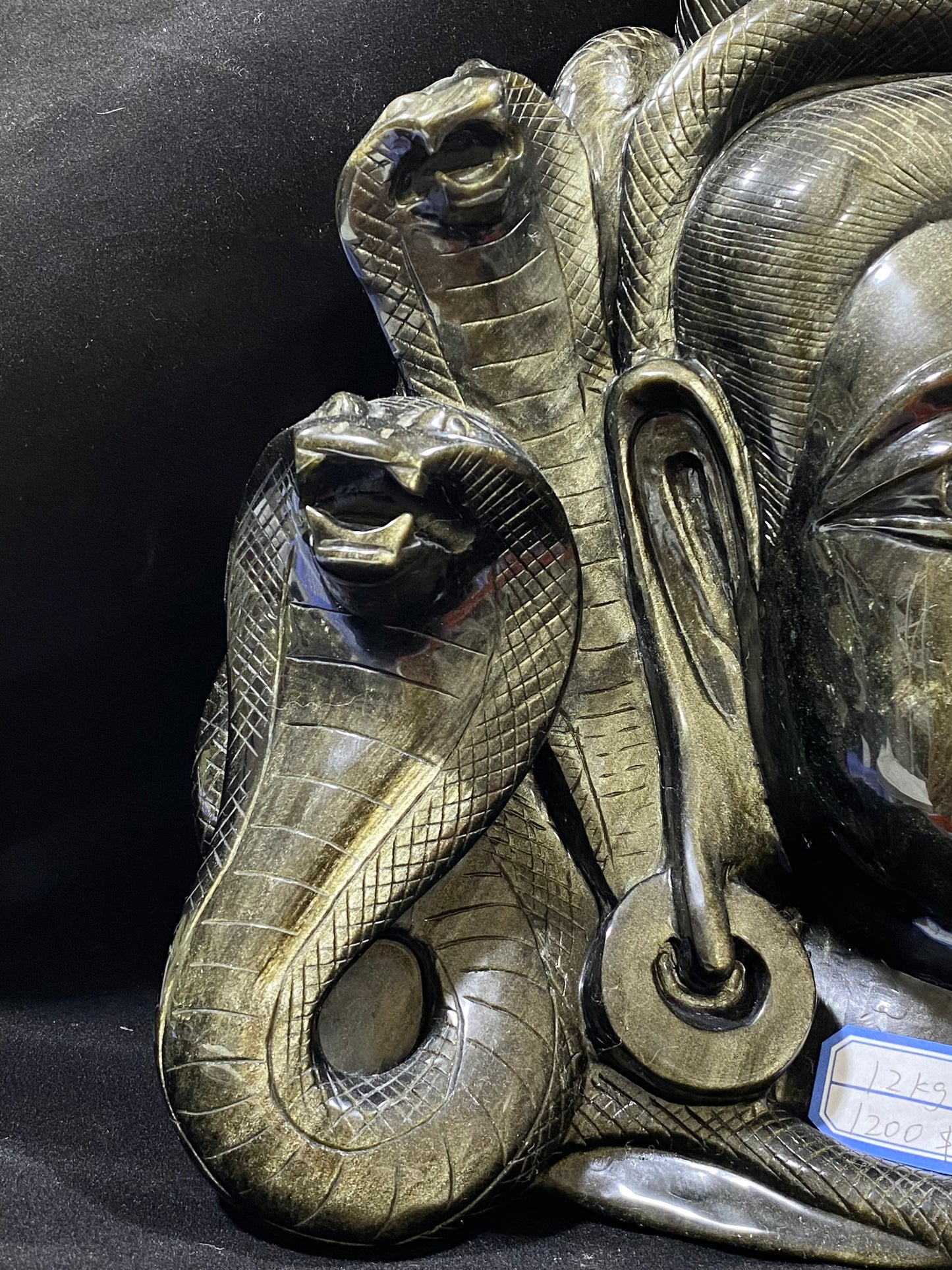 002-Golden sheen osidian snake lady carving