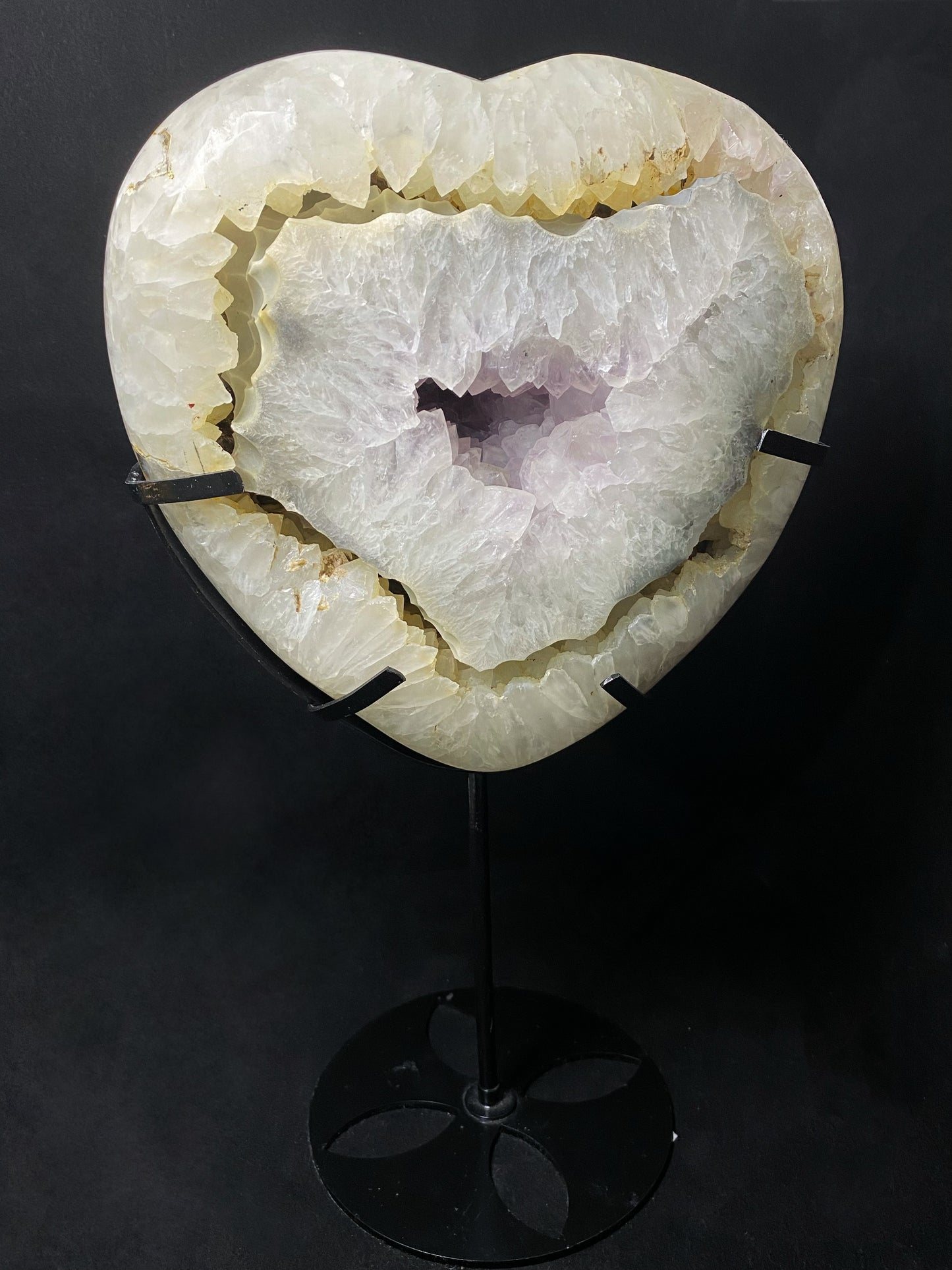 009-Geode agate amethyst heart with metal stand #7163
