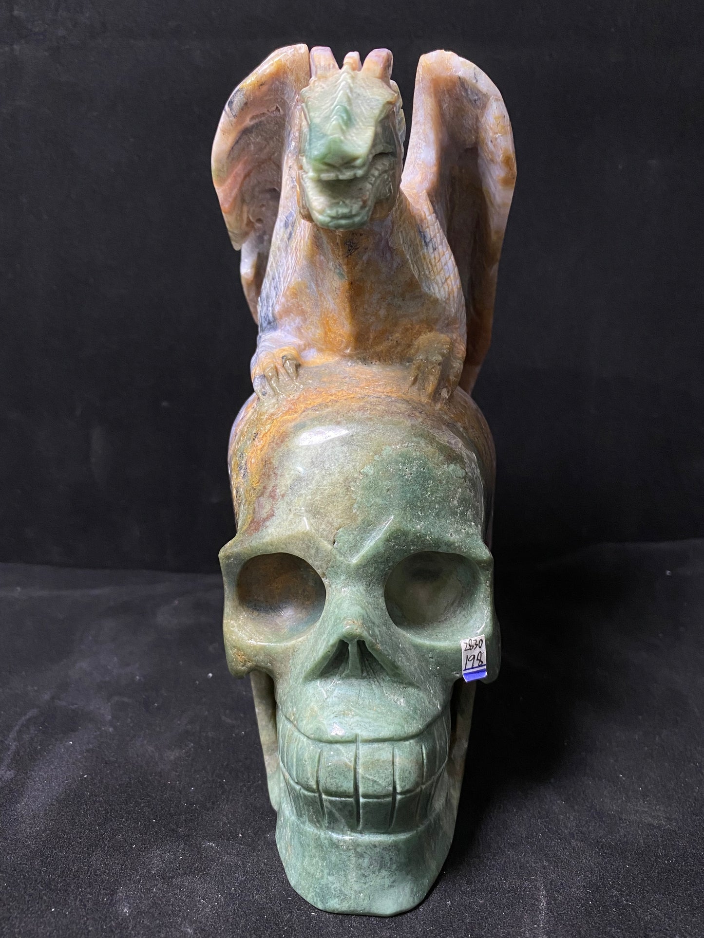073-Geode moss agate flying dragon on skull #2830