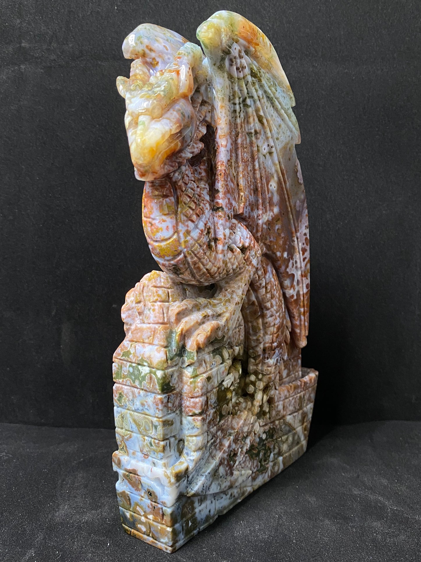 084-Ocean jasper with circles flying dragon on castle carving #1835
