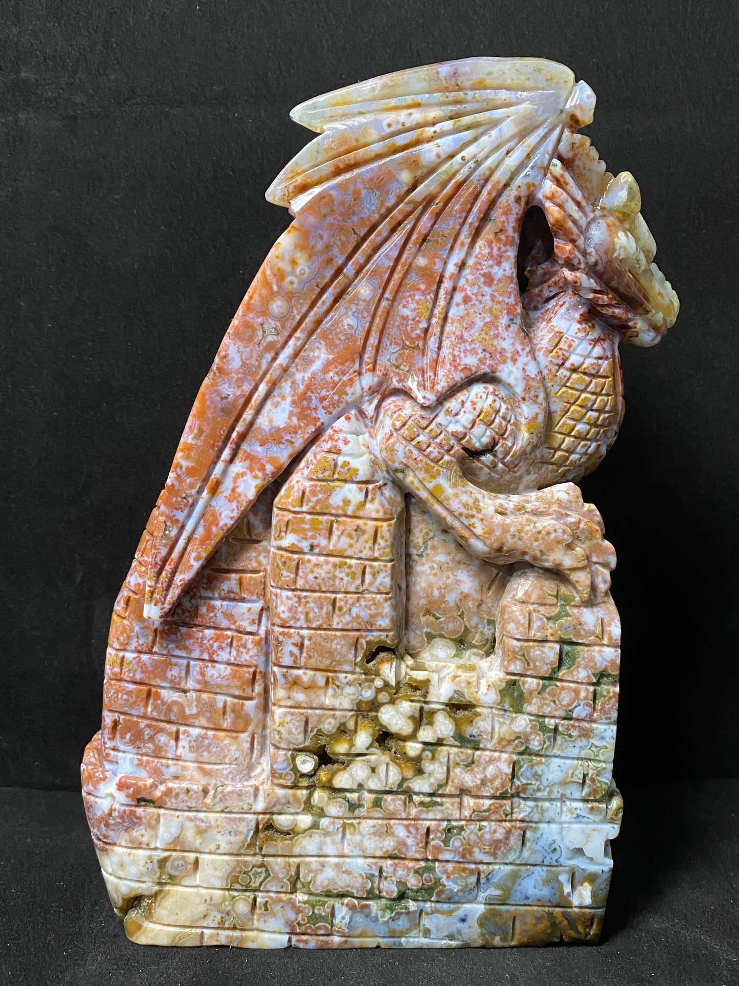 084-Ocean jasper with circles flying dragon on castle carving #1835