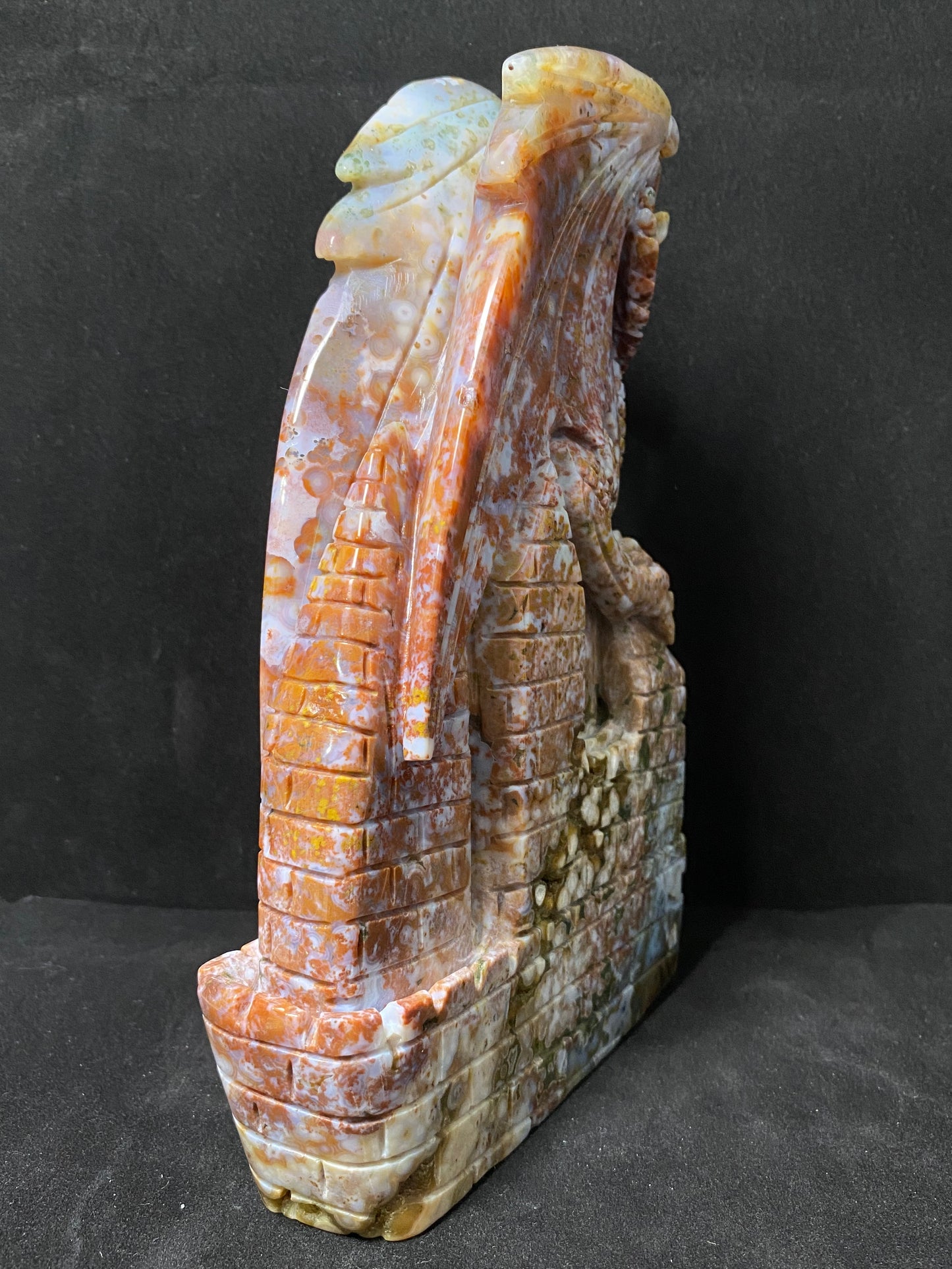084-Ocean jasper with circles flying dragon on castle carving #1835