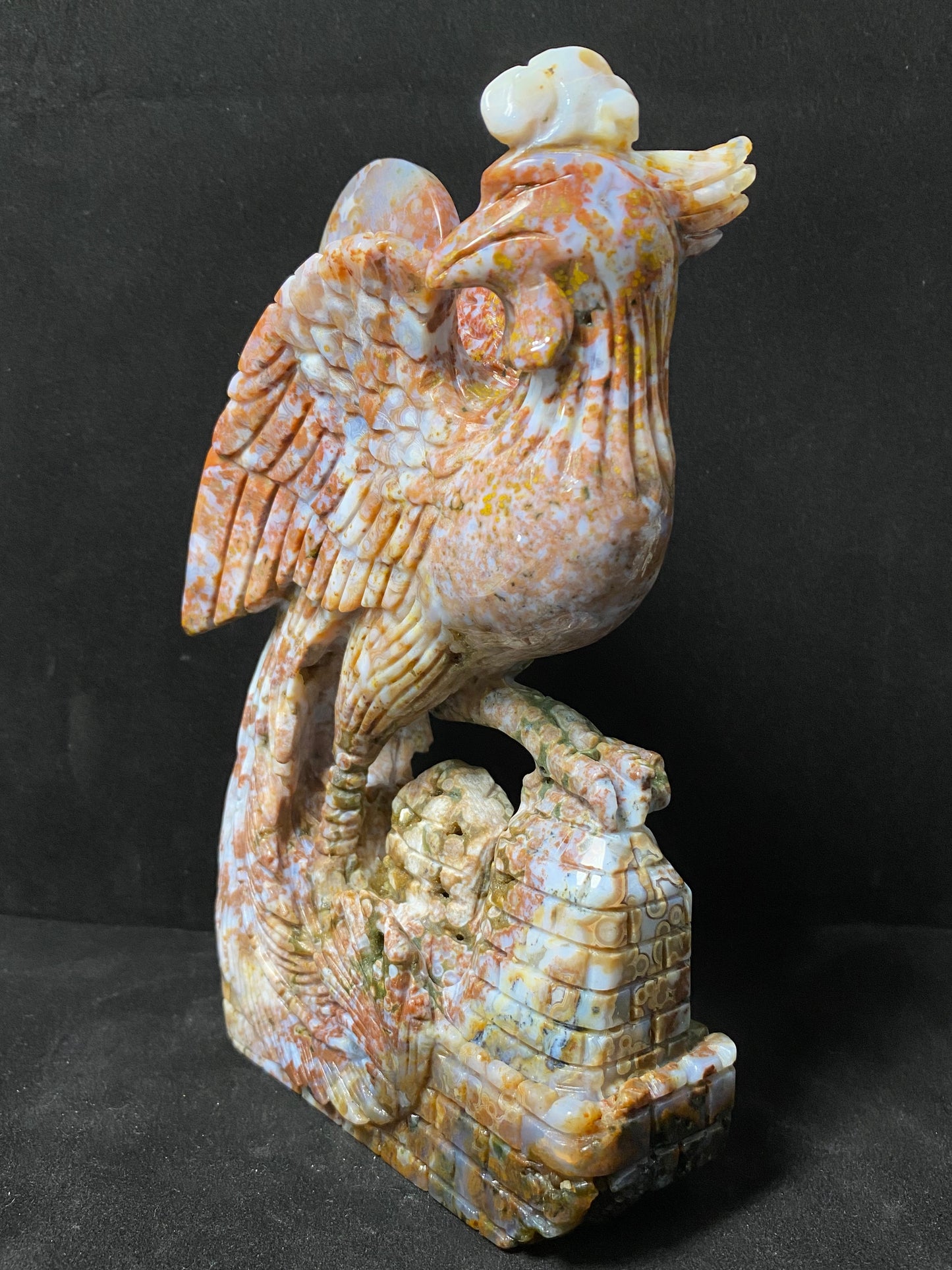 087-Ocean jasper with circles phoenix on castle carving #1531