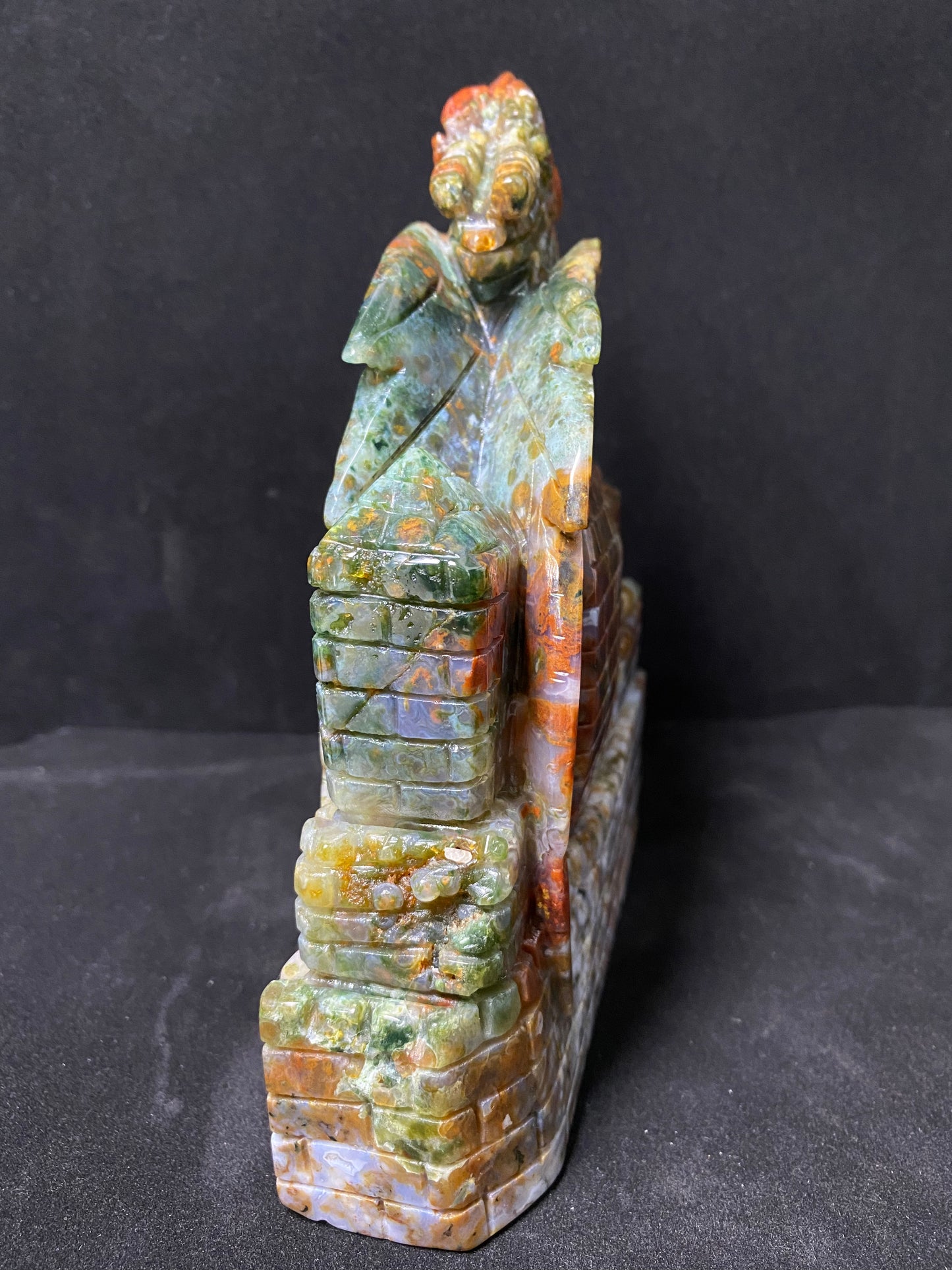 083-Ocean jasper with circles flying dragon on castle carving #1583