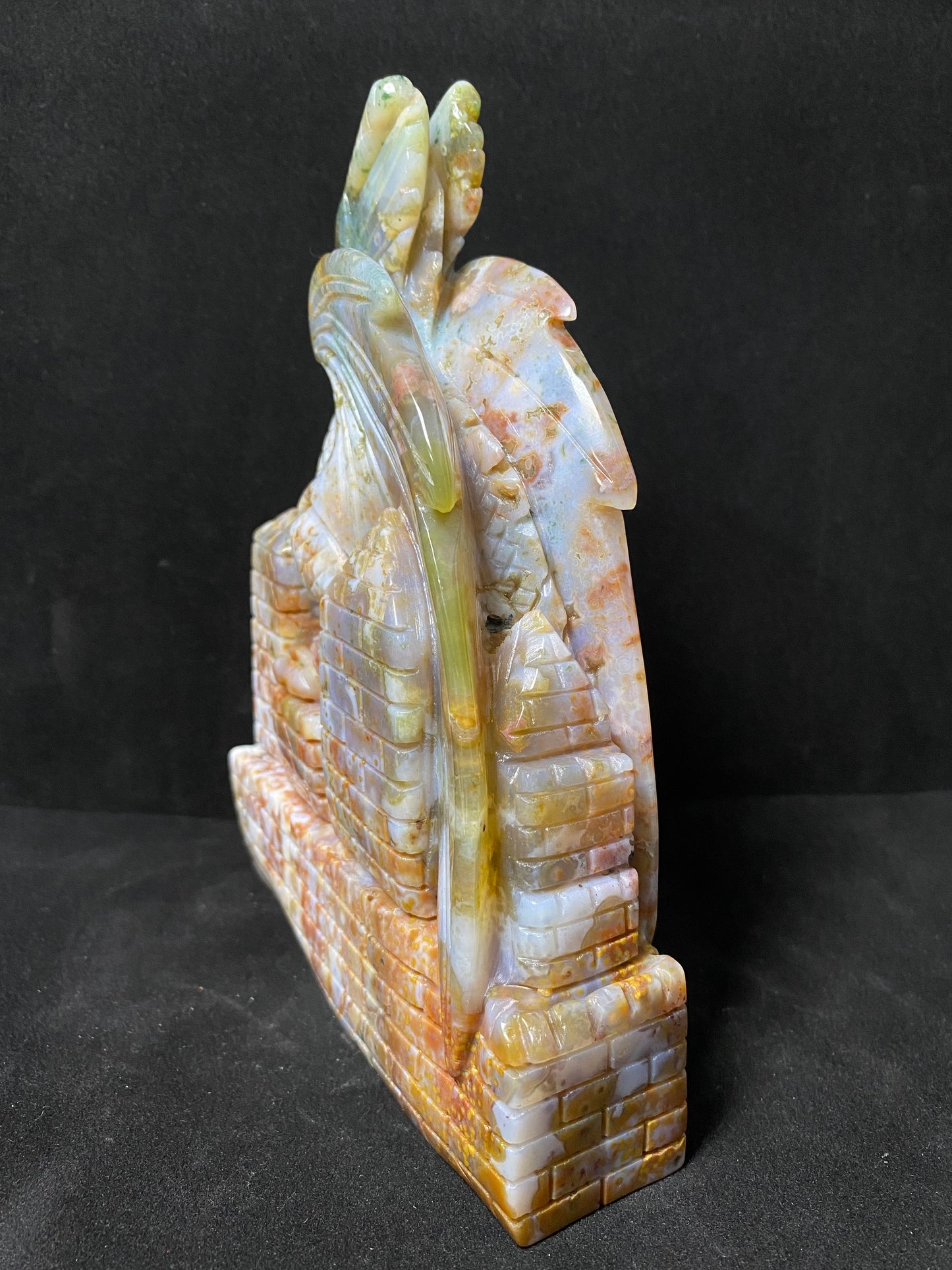 Ocean jasper with circles flying dragon on castle carving #1450