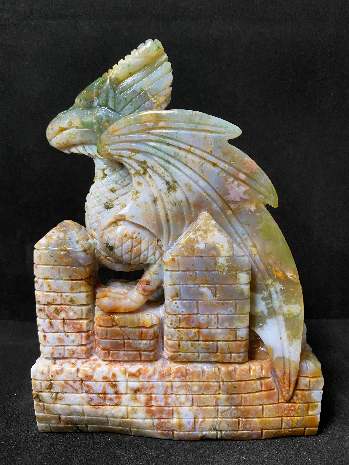 Ocean jasper with circles flying dragon on castle carving #1450
