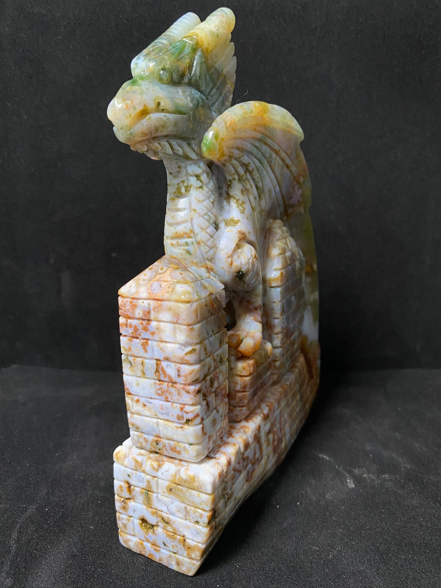 Ocean jasper with circles flying dragon on castle carving #1450