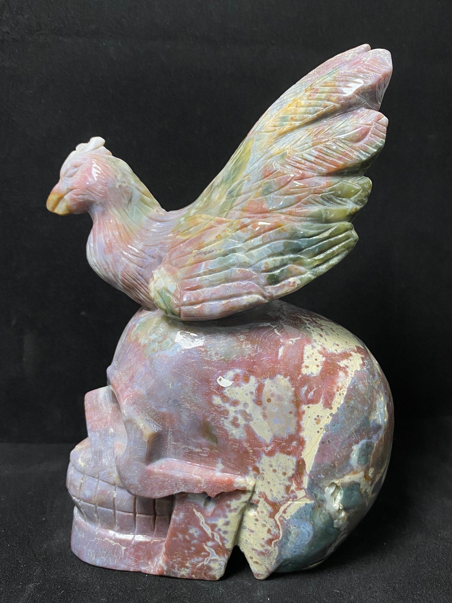 113-Ocean jasper peacock on skull carving #2611