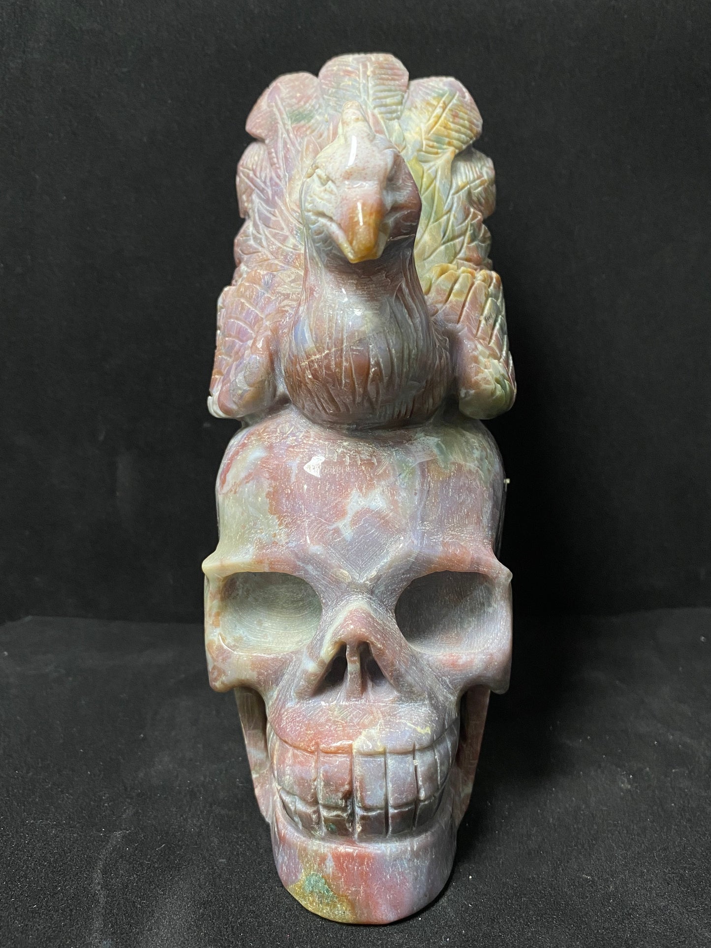 113-Ocean jasper peacock on skull carving #2611
