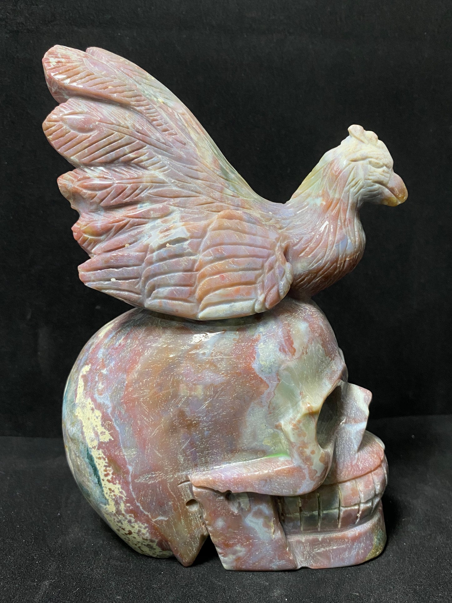 113-Ocean jasper peacock on skull carving #2611