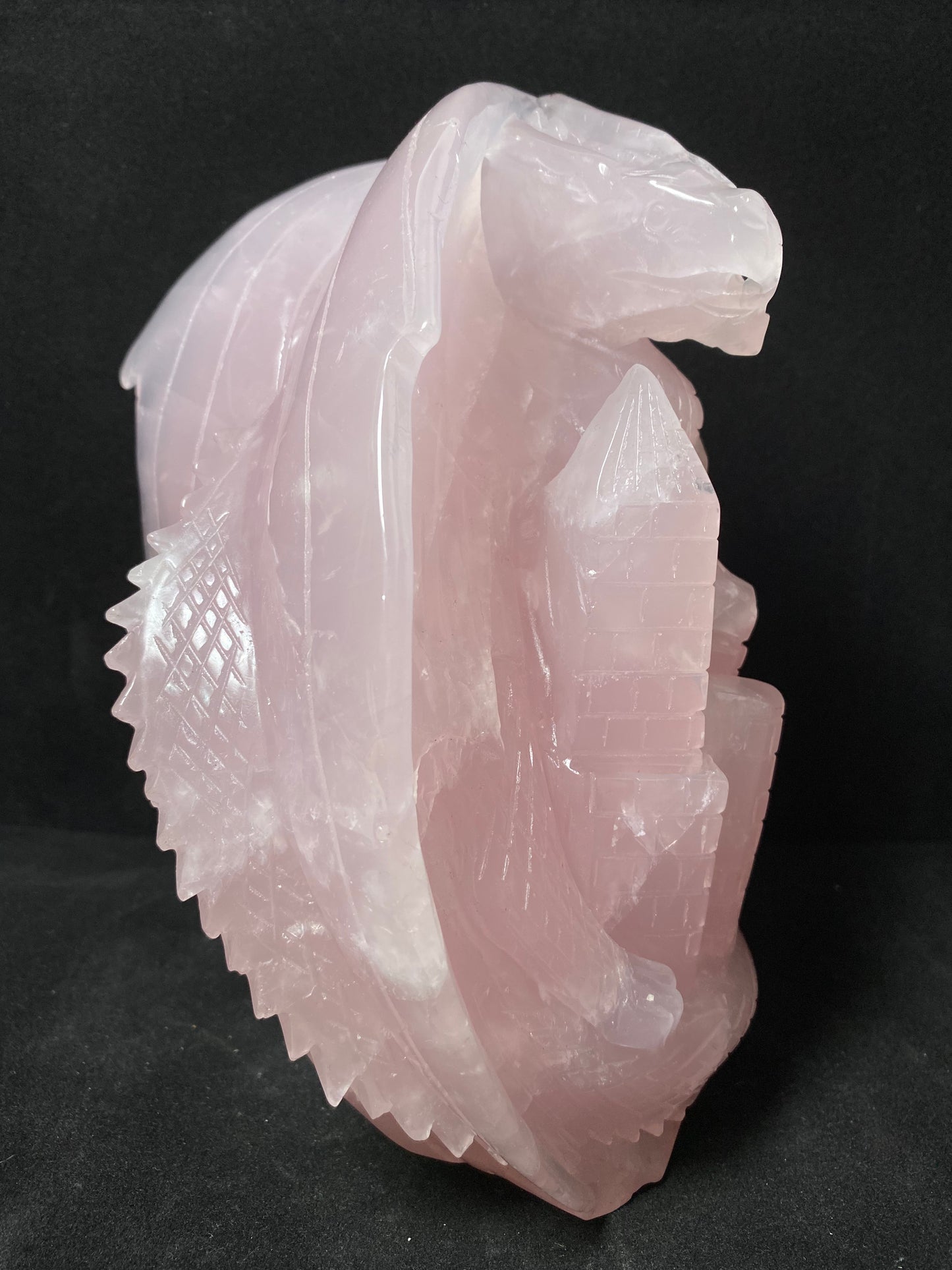 037-Rose Quartz flying dragon on castle carving #3009