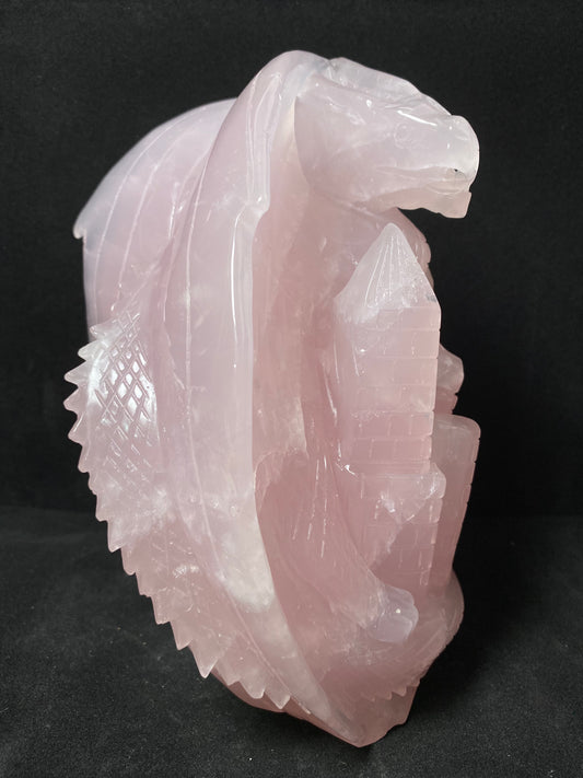 037-Rose Quartz flying dragon on castle carving #3009
