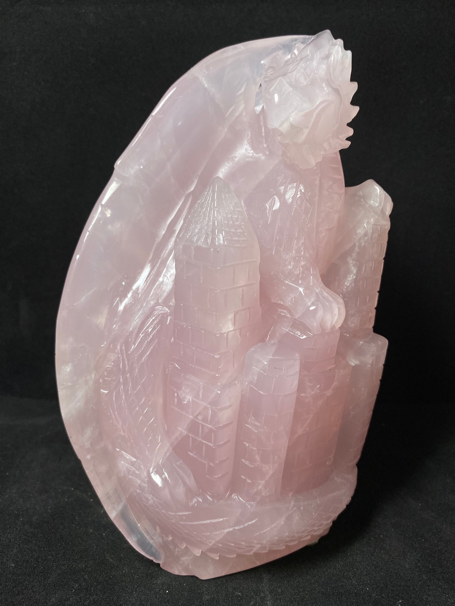 037-Rose Quartz flying dragon on castle carving #3009
