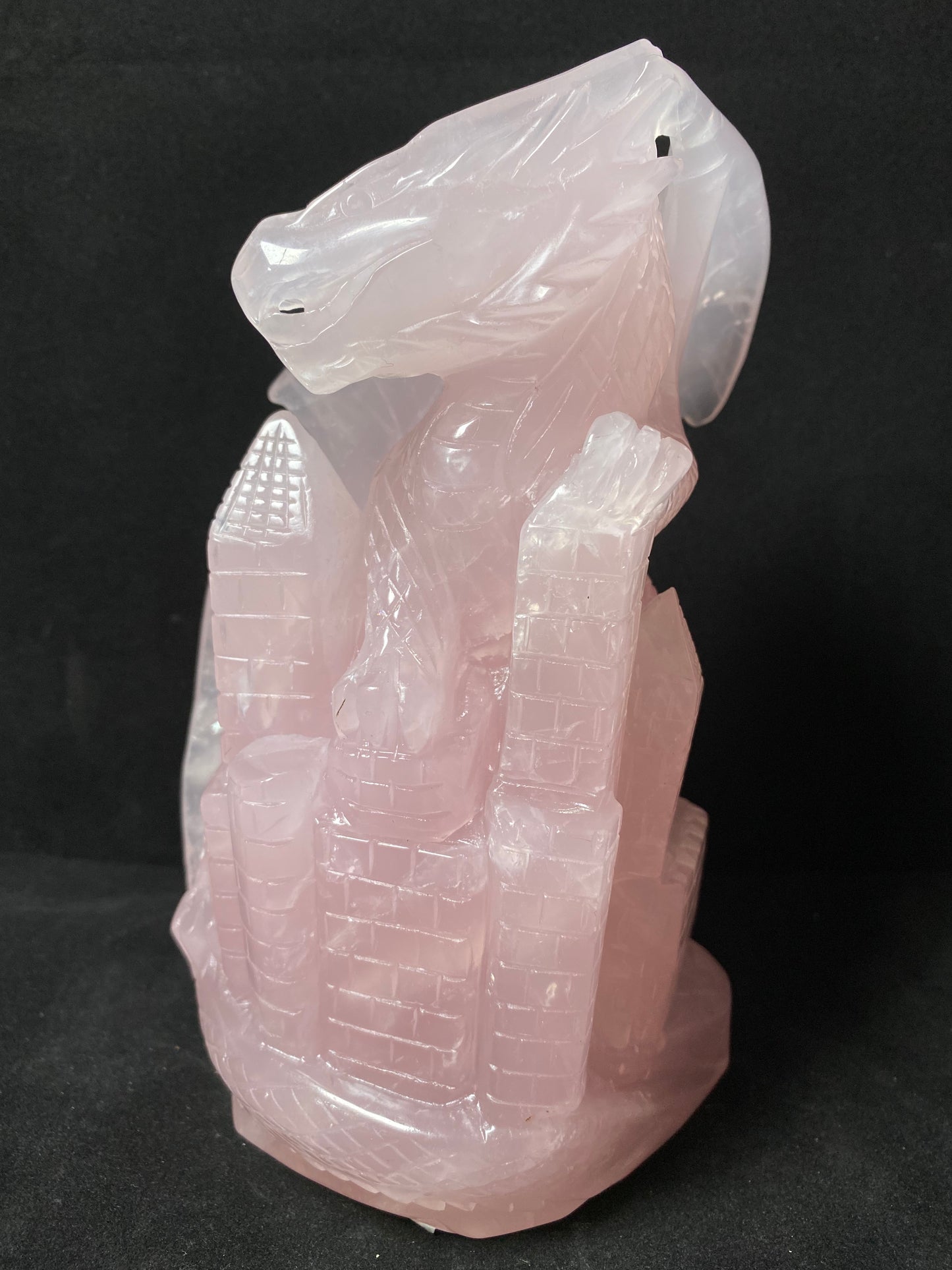 037-Rose Quartz flying dragon on castle carving #3009