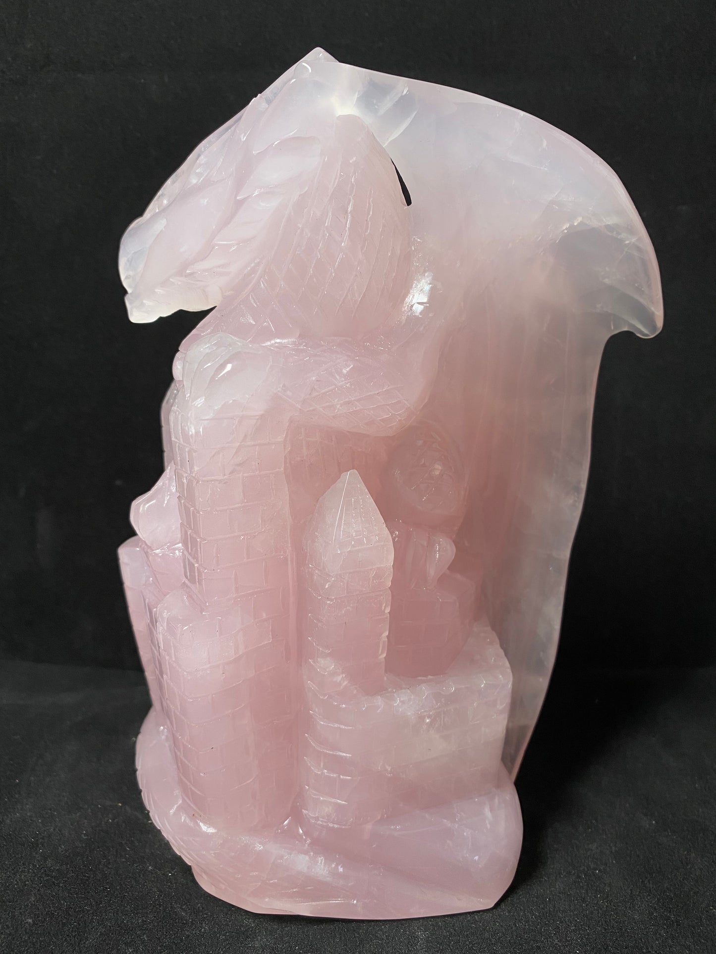 037-Rose Quartz flying dragon on castle carving #3009
