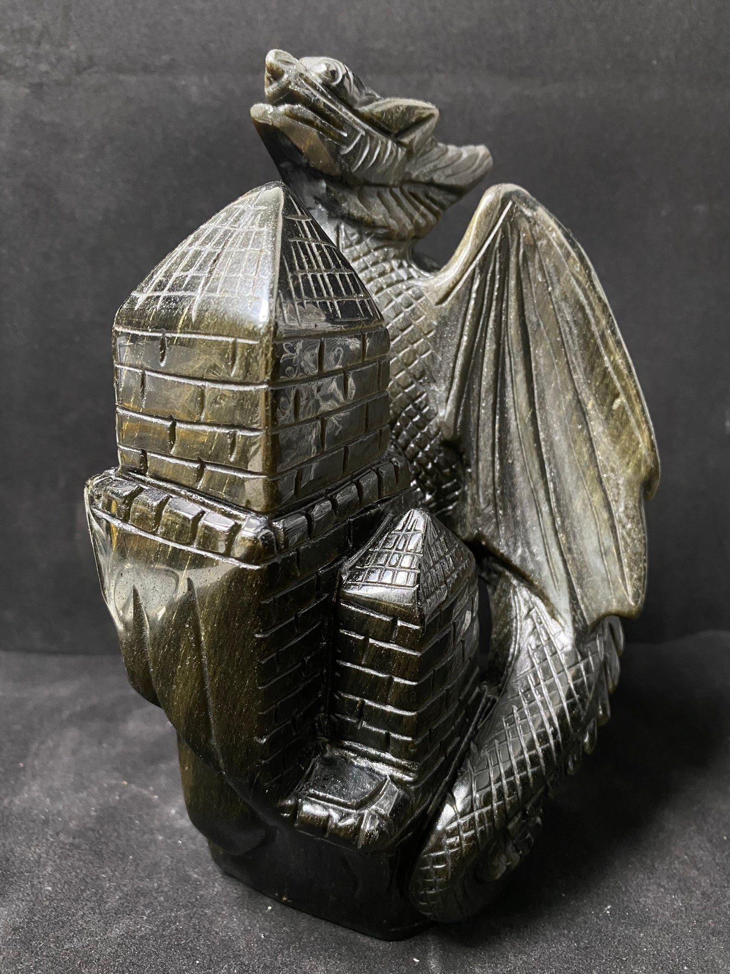 Golden sheen obsidian flying dragon on castle carving #2599