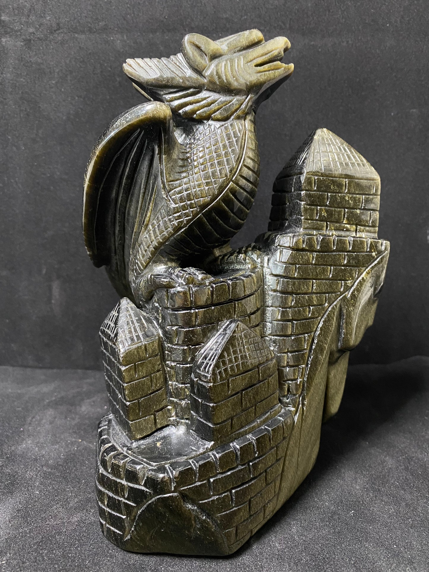 Golden sheen obsidian flying dragon on castle carving #2599