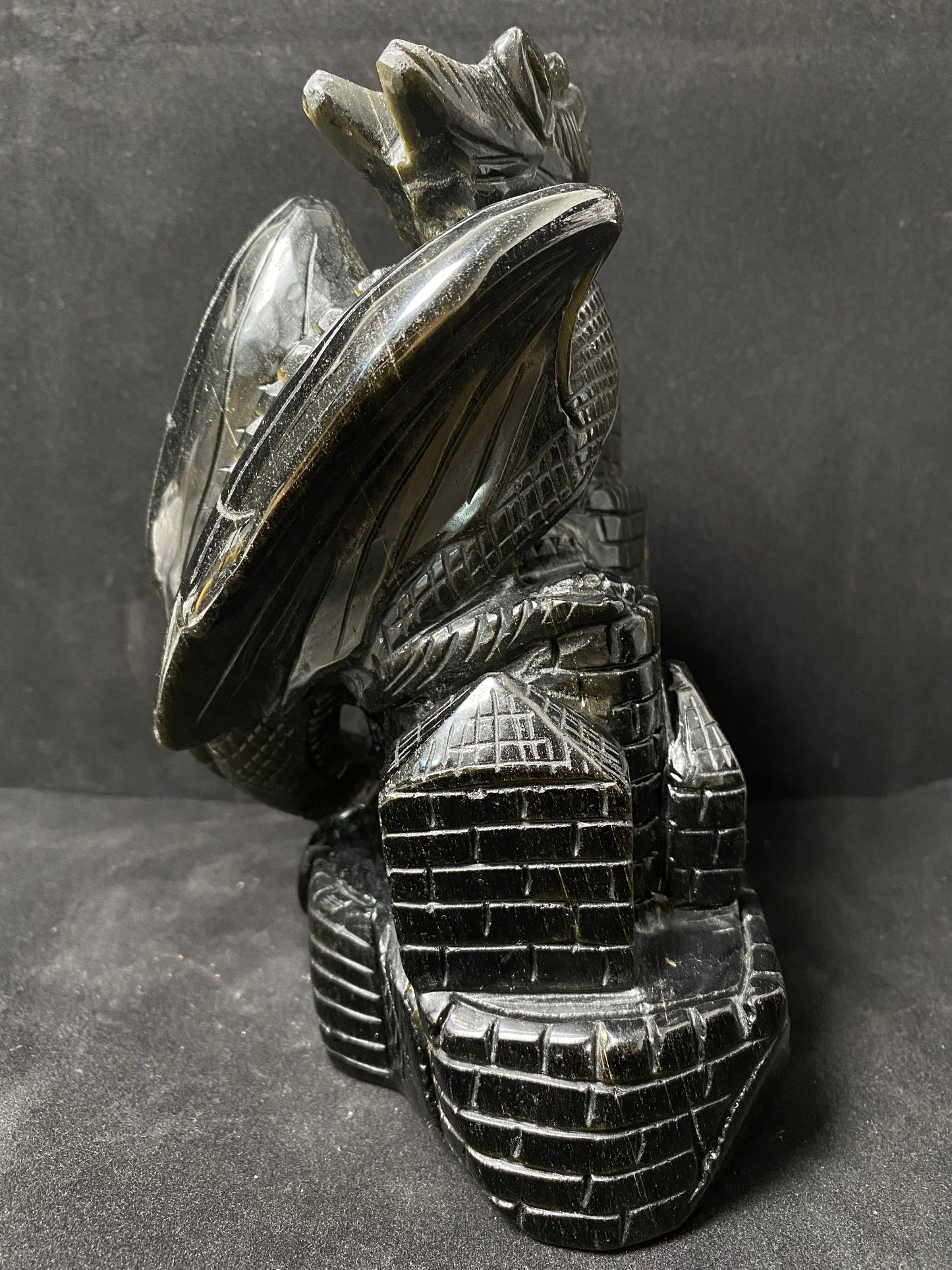 Golden sheen obsidian flying dragon on castle carving #2599