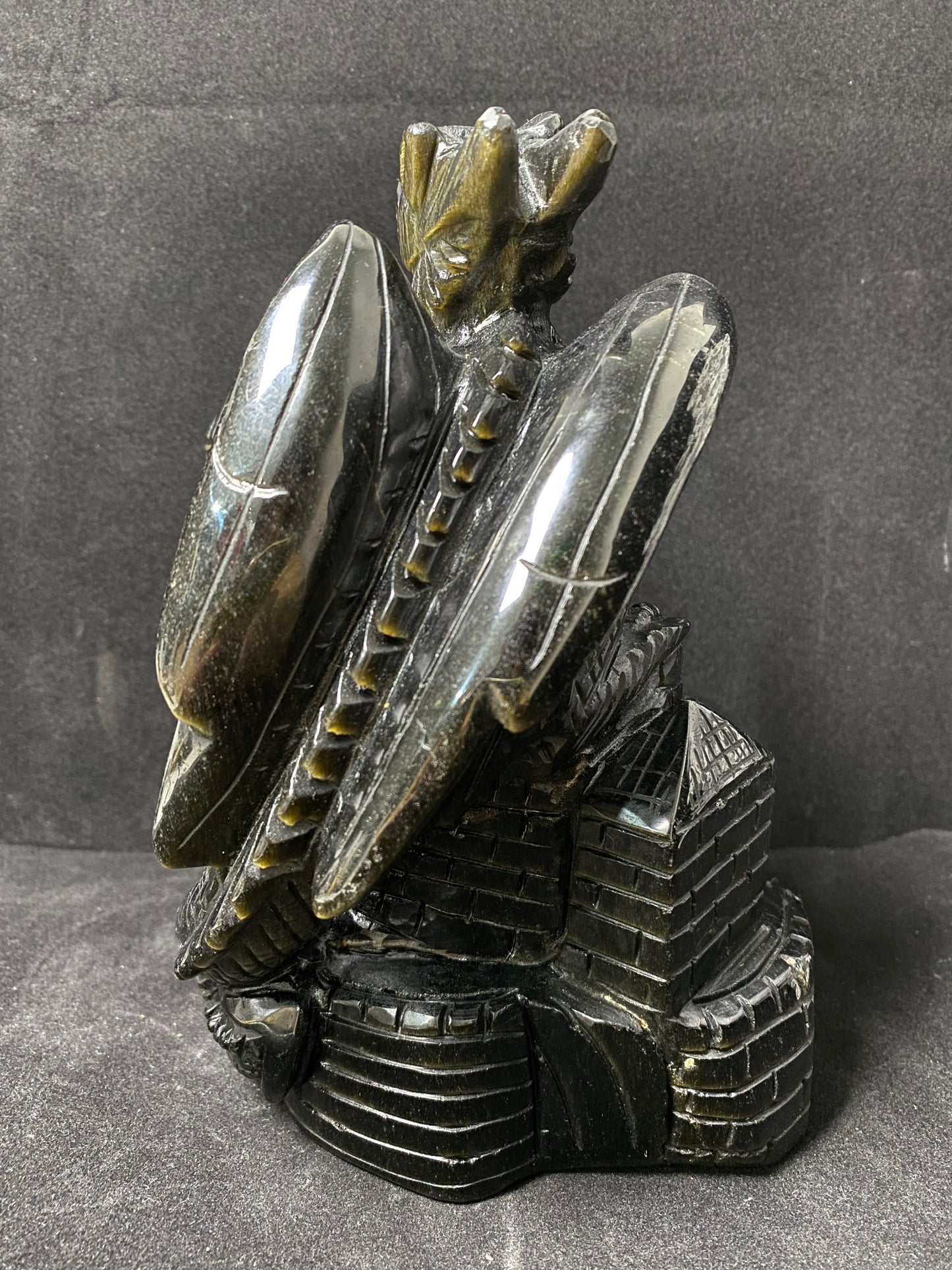 Golden sheen obsidian flying dragon on castle carving #2599
