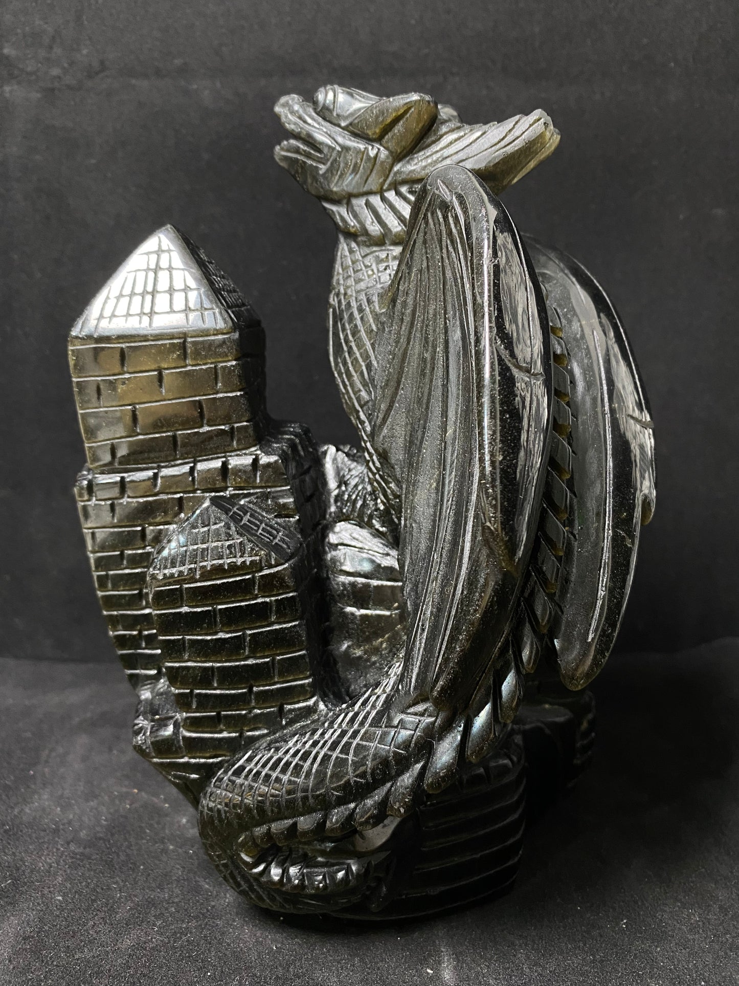 Golden sheen obsidian flying dragon on castle carving #2599