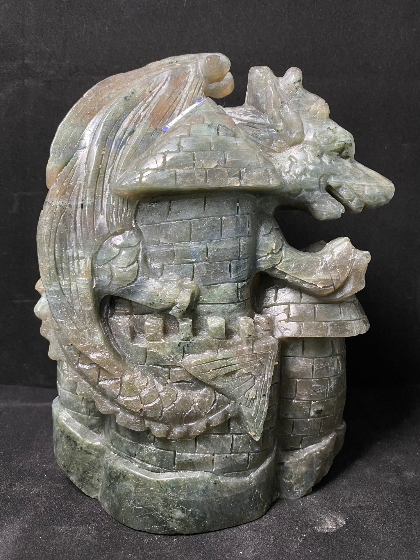 Labradorite flying dragon on castle carving #3949