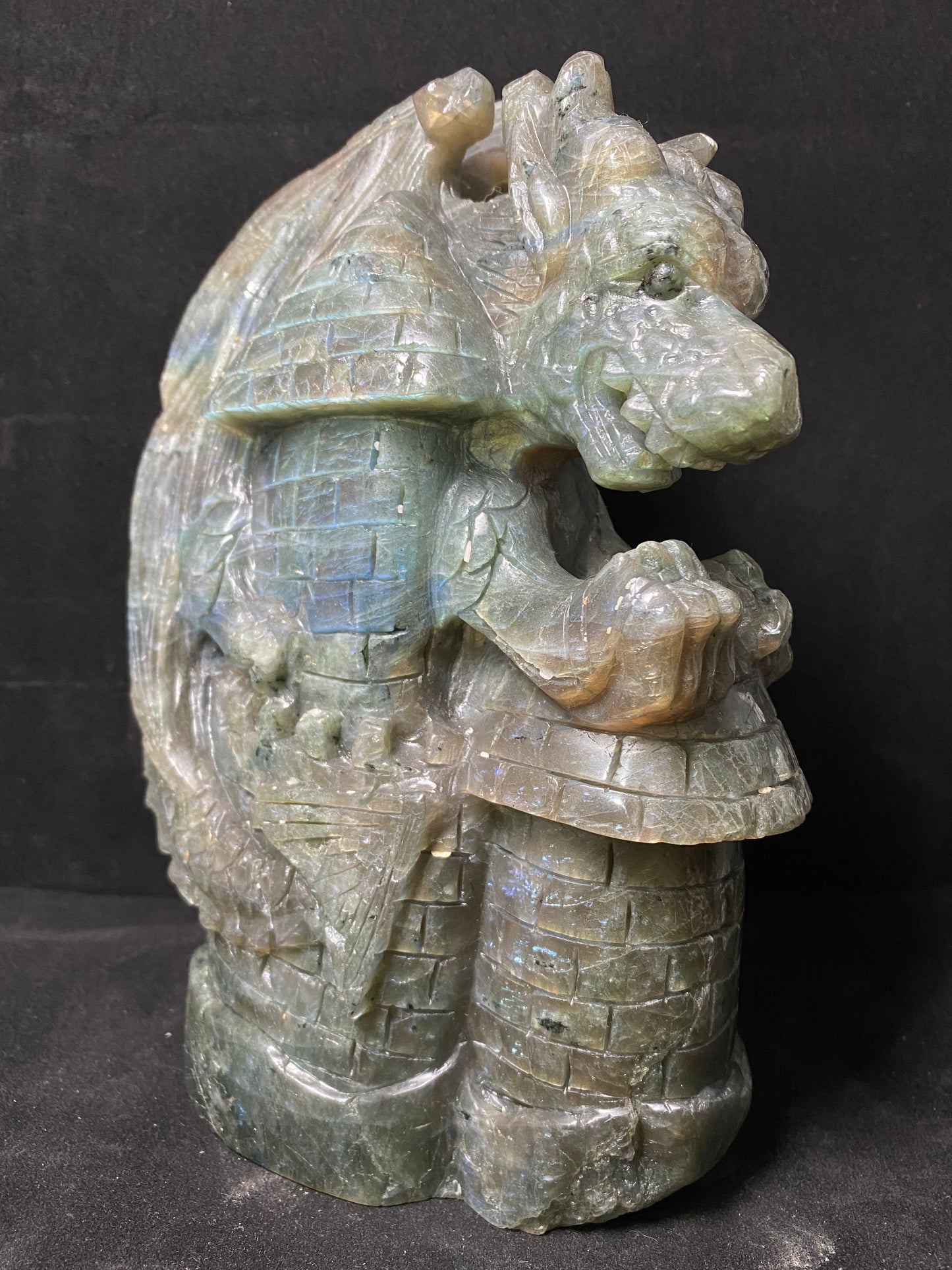 Labradorite flying dragon on castle carving #3949