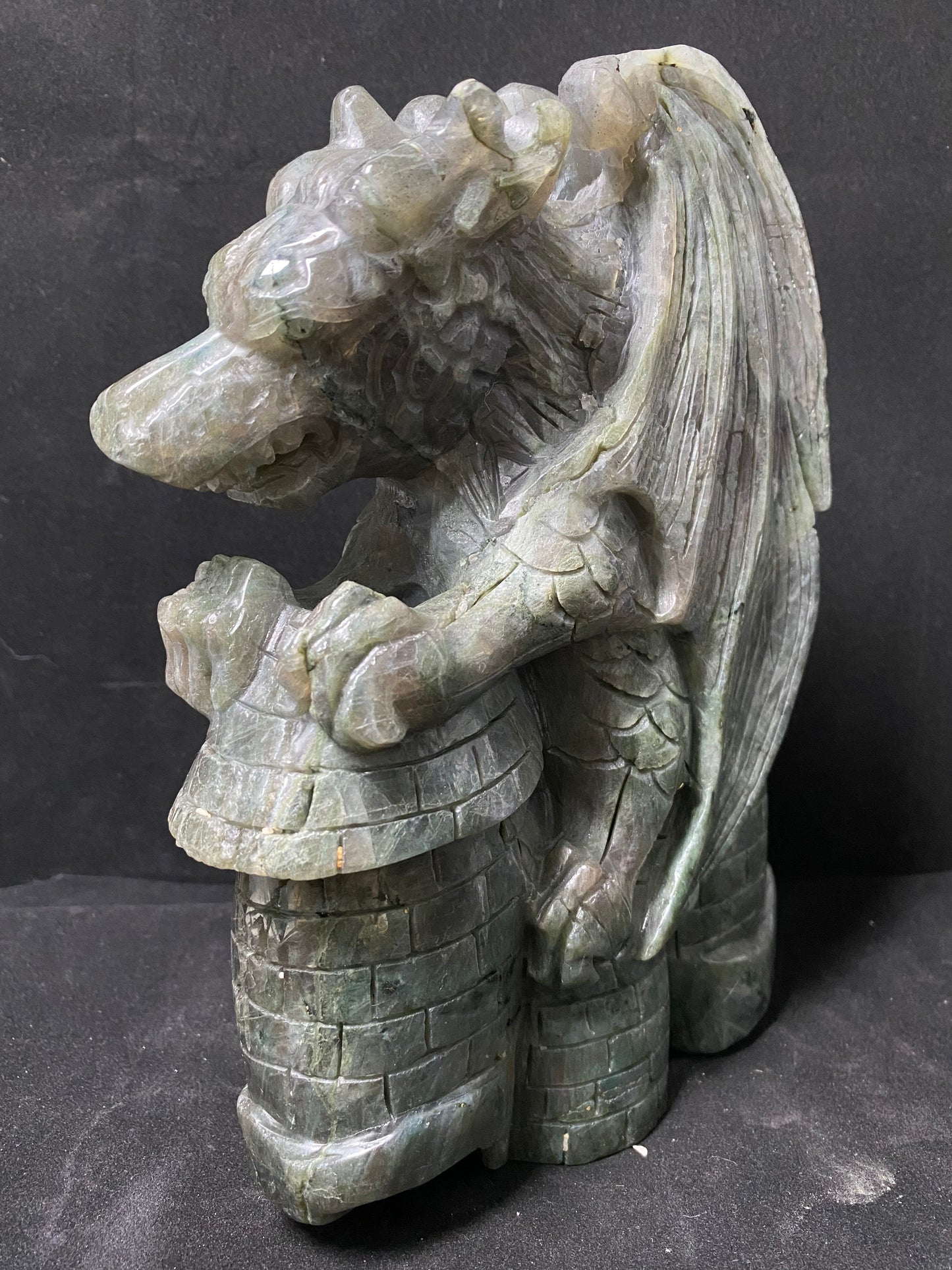 Labradorite flying dragon on castle carving #3949