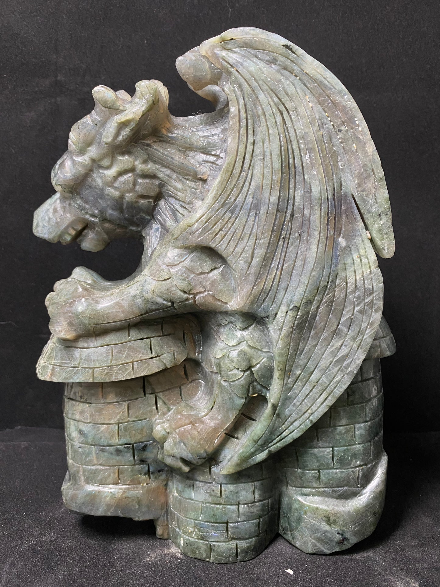 Labradorite flying dragon on castle carving #3949