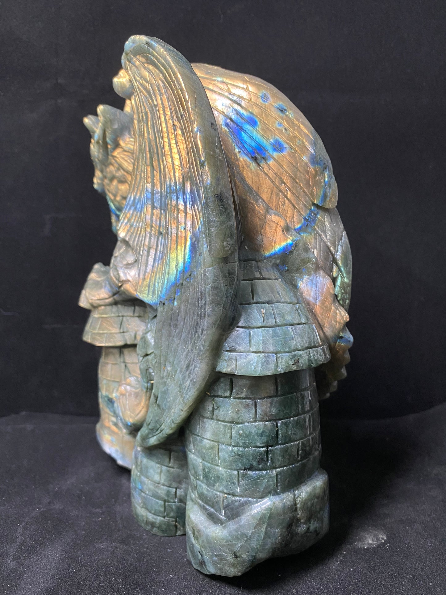 Labradorite flying dragon on castle carving #3949