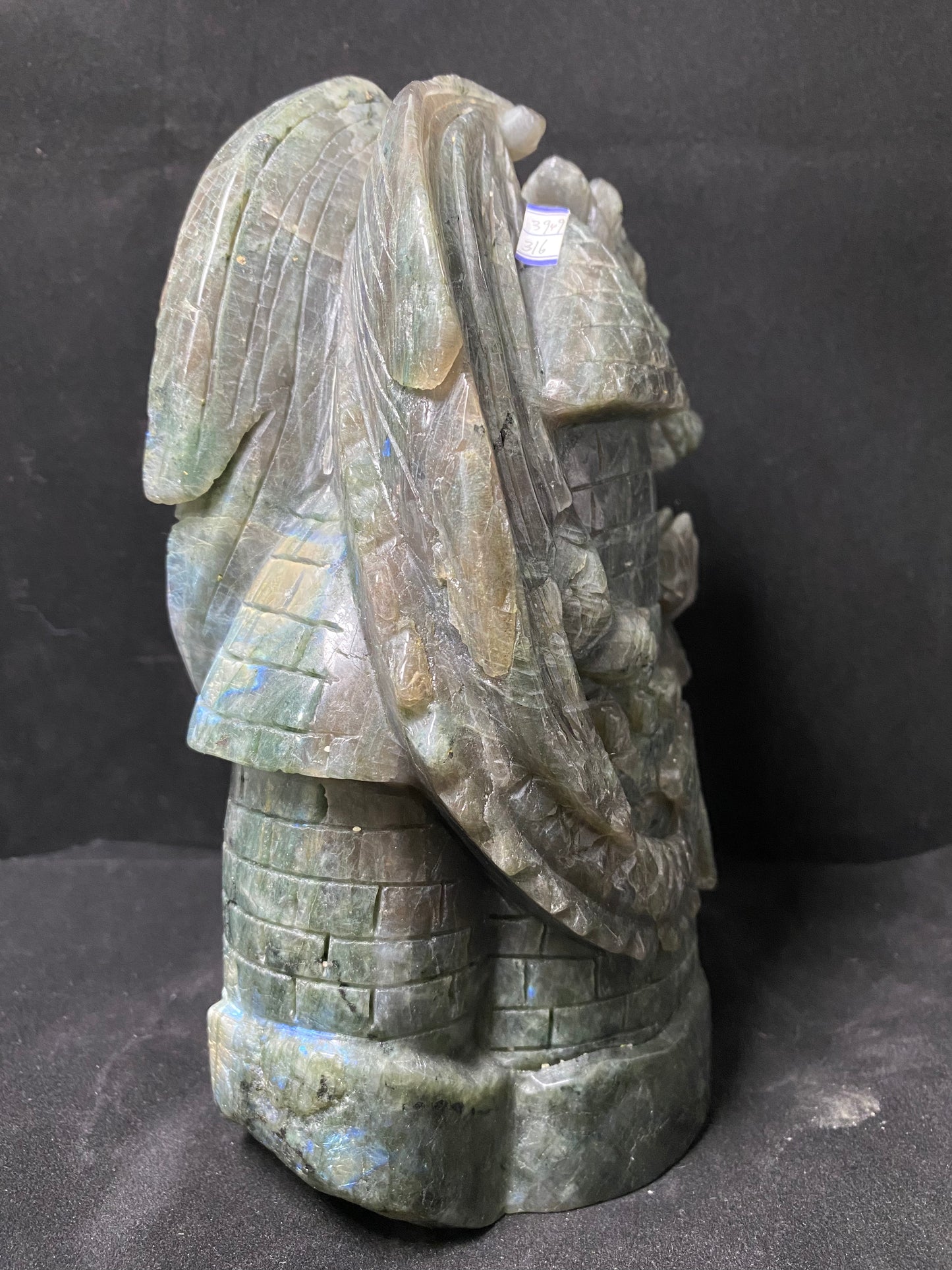 Labradorite flying dragon on castle carving #3949