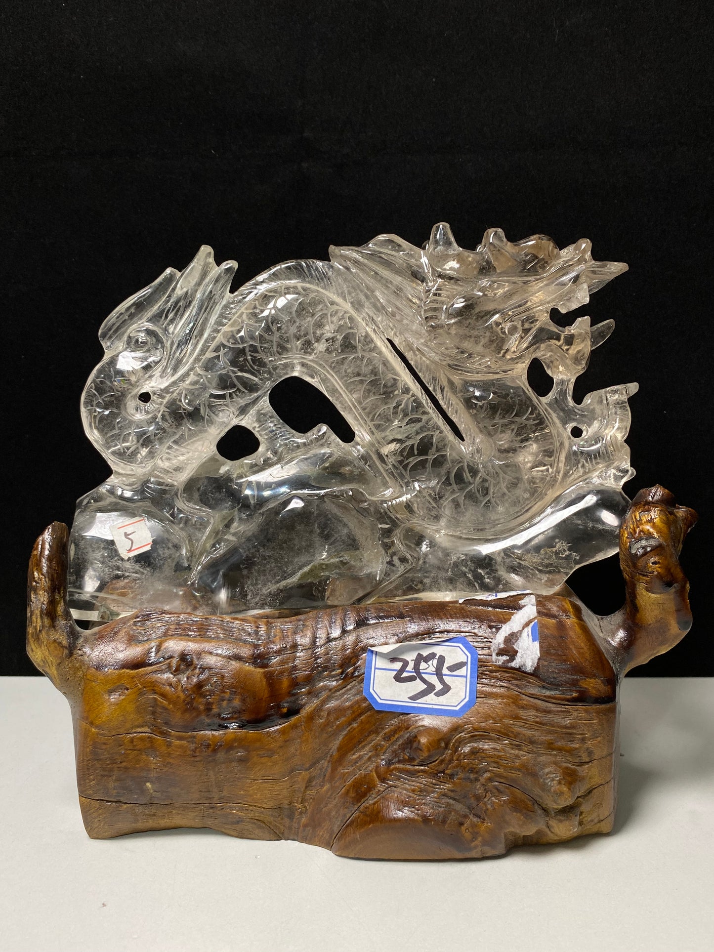 Garden quartz Chinese dragon on wooden stand#1285