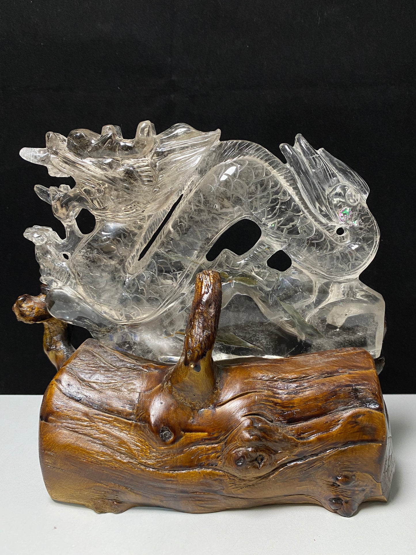 Garden quartz Chinese dragon on wooden stand#1285