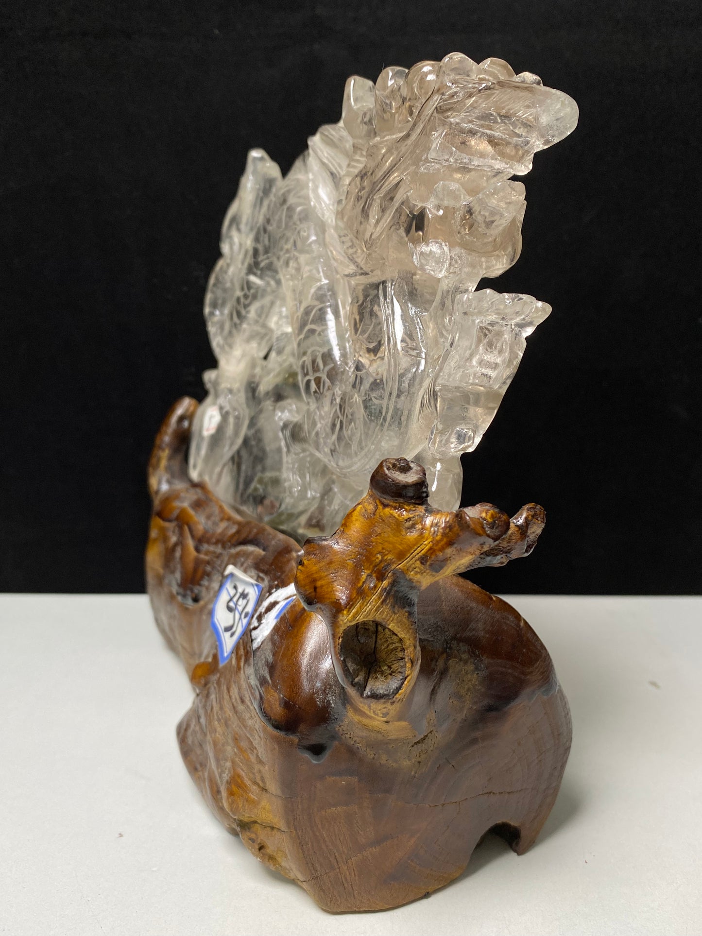 Garden quartz Chinese dragon on wooden stand#1285