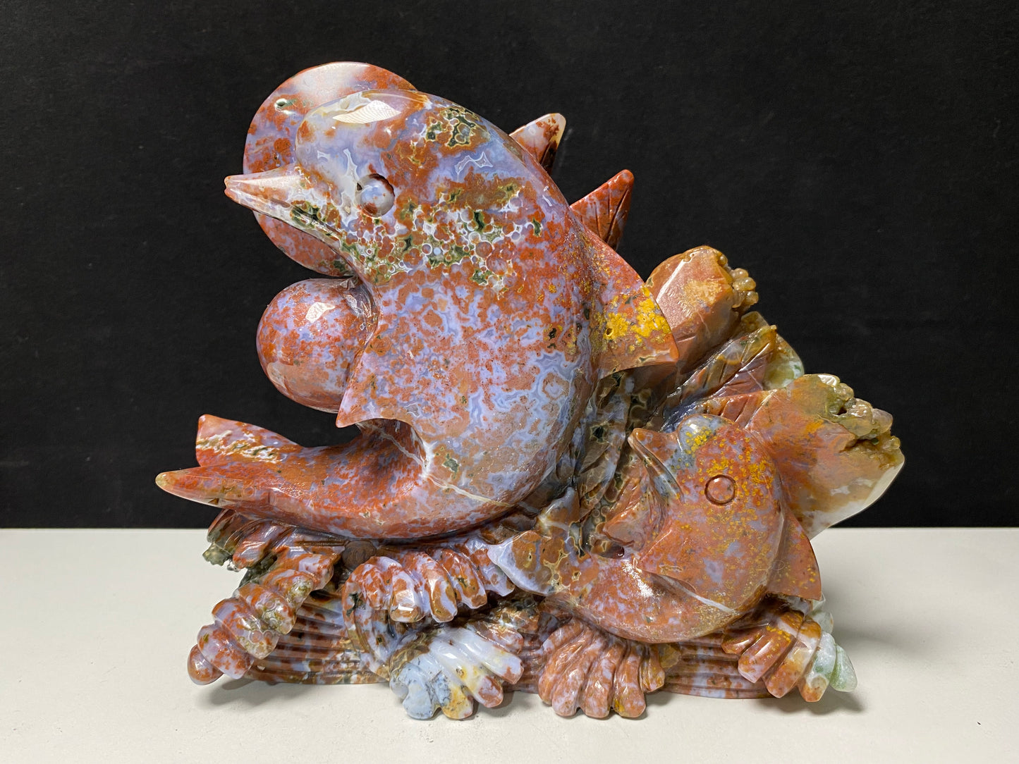 080-Ocean jasper double dolphins carving #1590