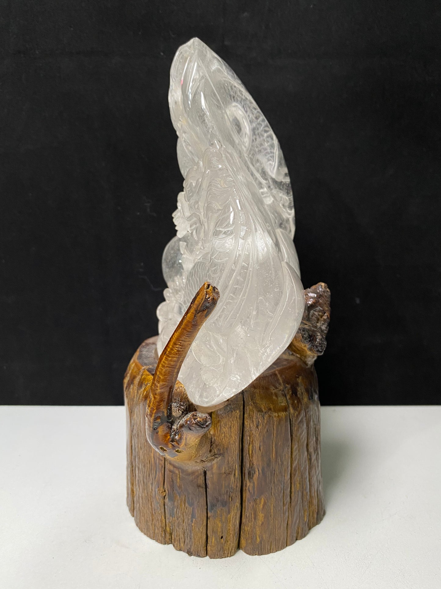 Clear quartz Chinese dragon with wooden stand#1070