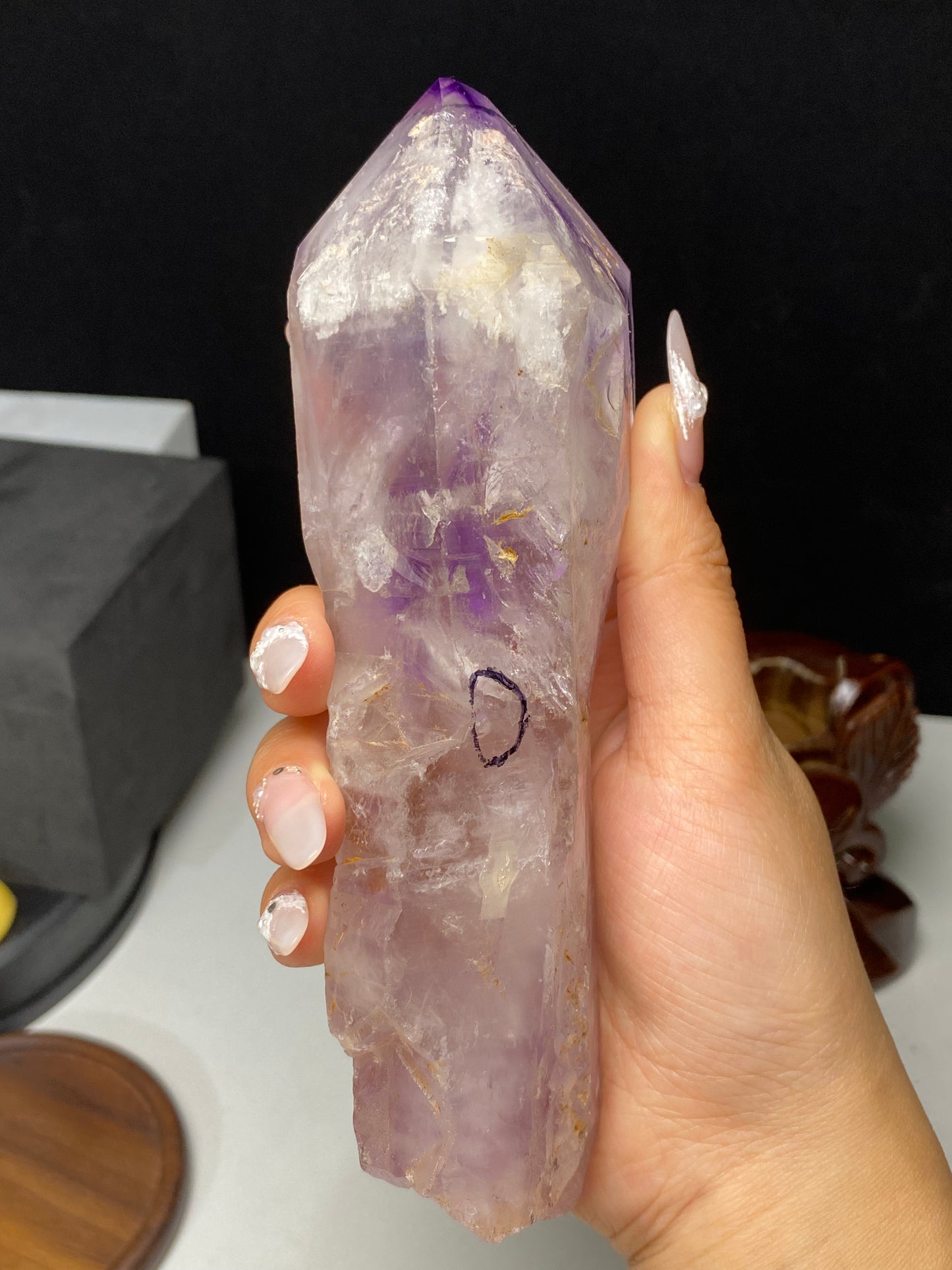Amethyst water enhydros with wooden stand #E12