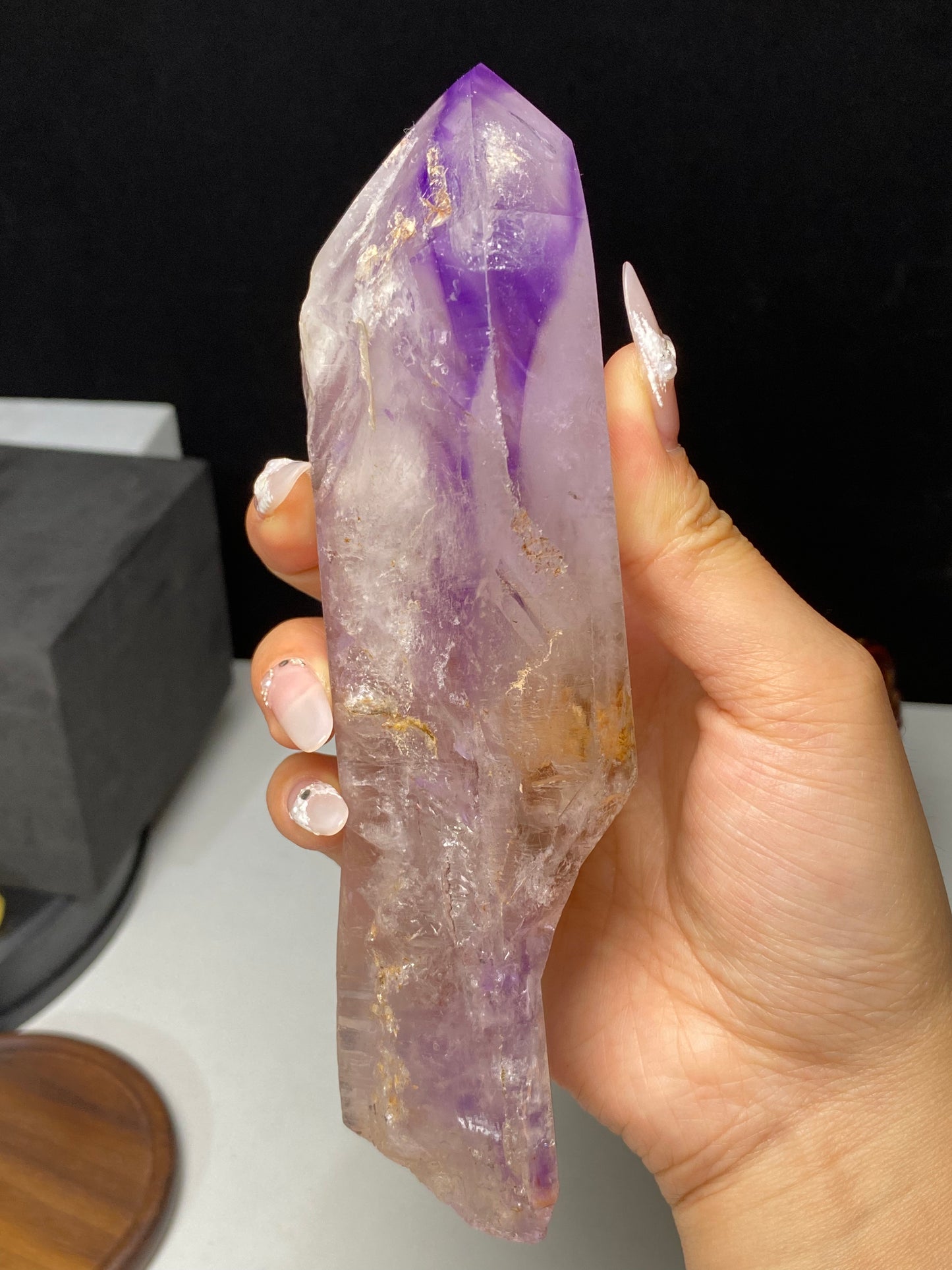 Amethyst water enhydros with wooden stand #E12