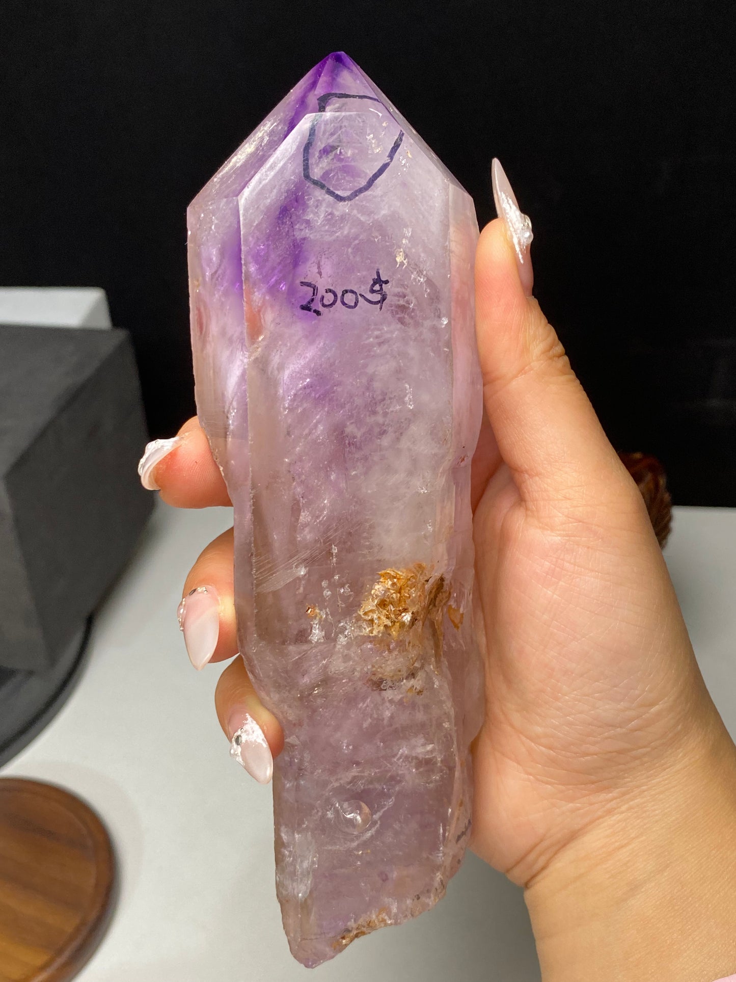 Amethyst water enhydros with wooden stand #E12