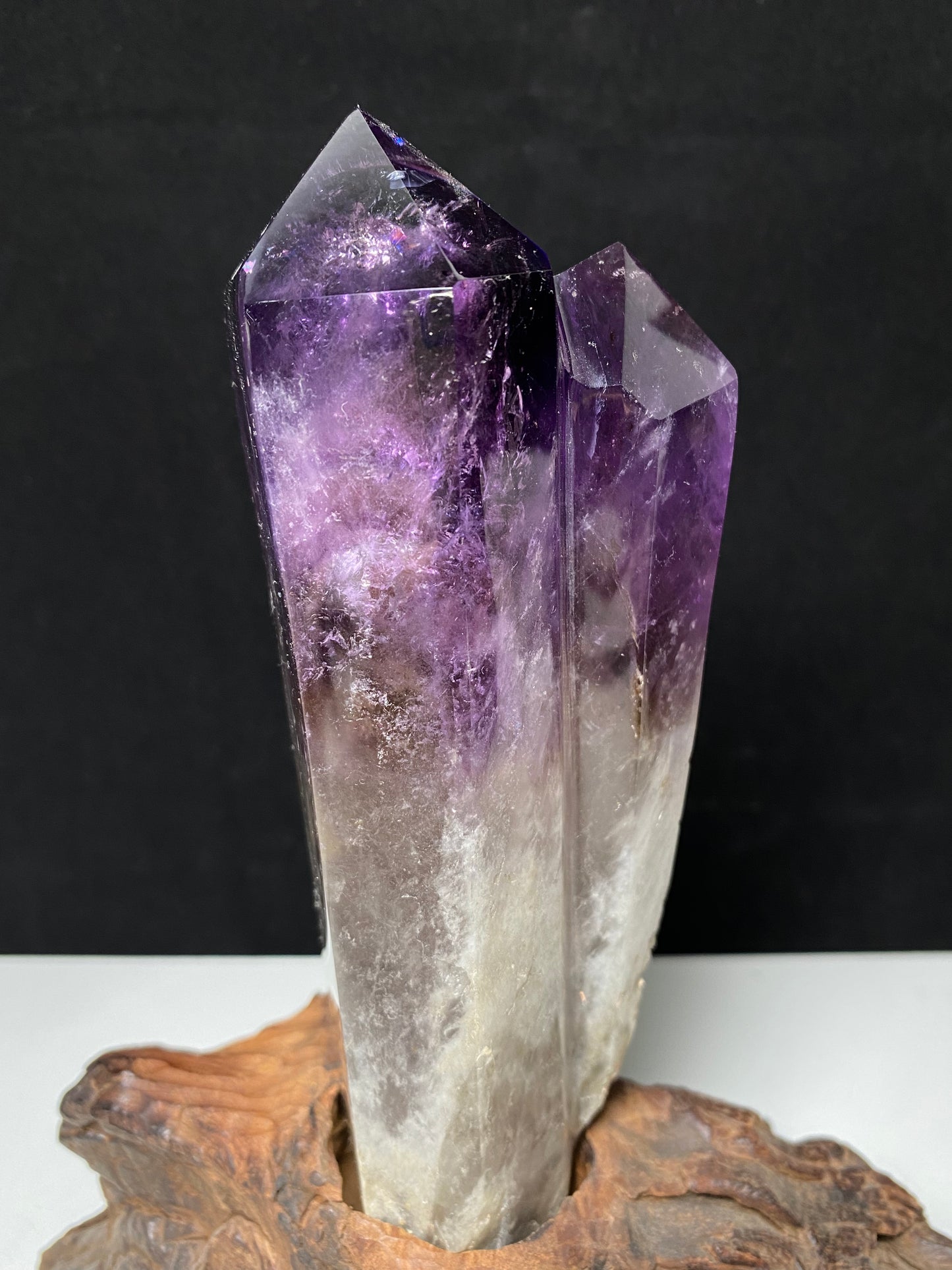Amethyst double wand on wooden stand