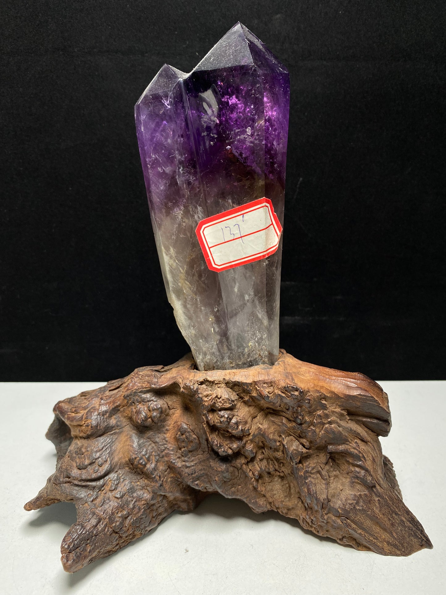 Amethyst double wand on wooden stand