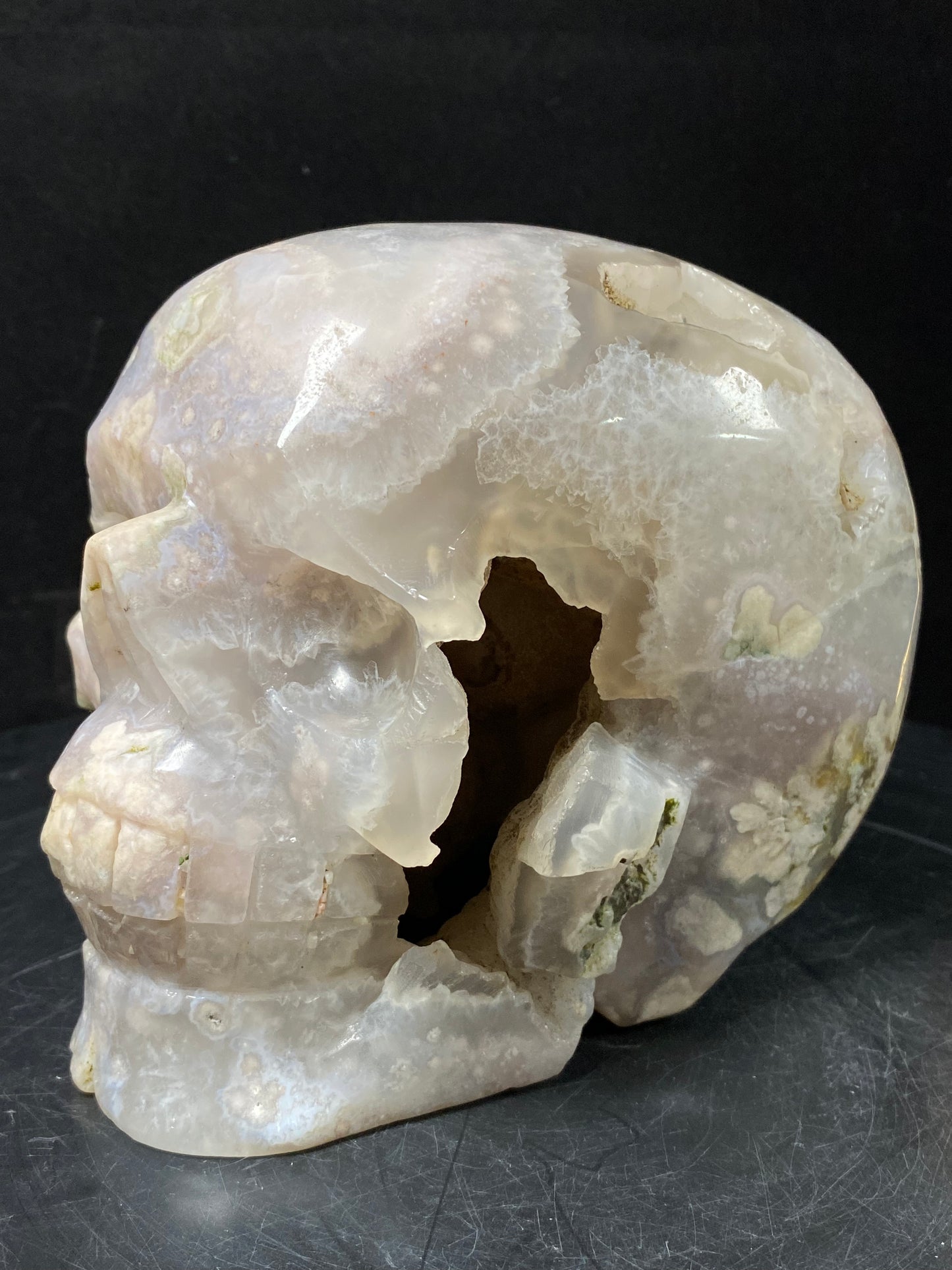 107-Flower agate skull #3201